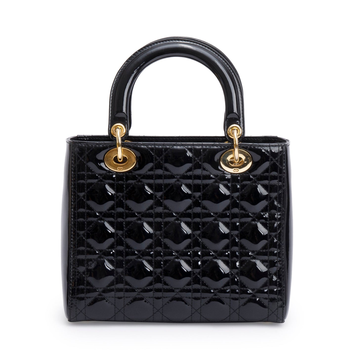 Christian Dior Black Cannage Patent Leather Medium Lady Dior Bag