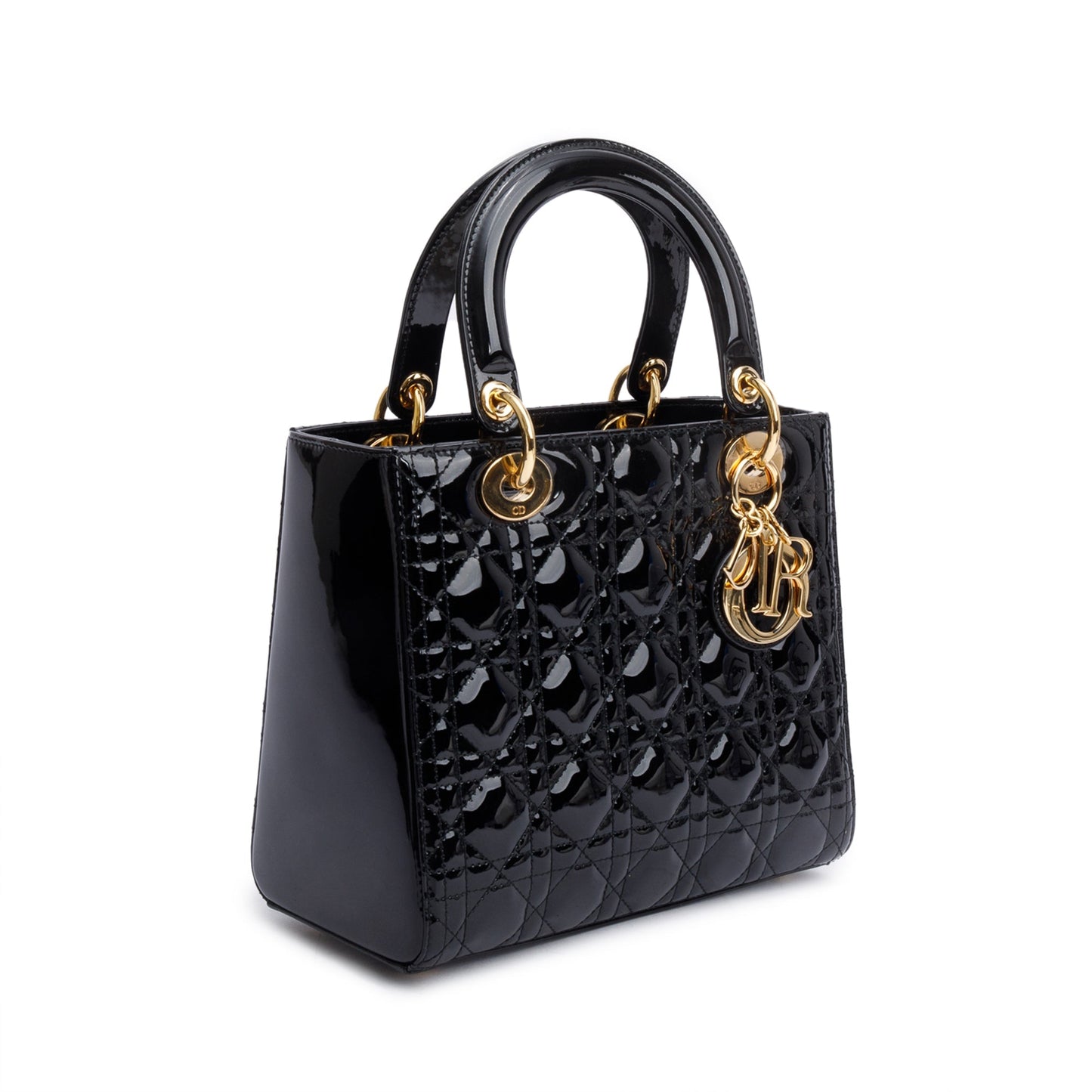 Christian Dior Black Cannage Patent Leather Medium Lady Dior Bag