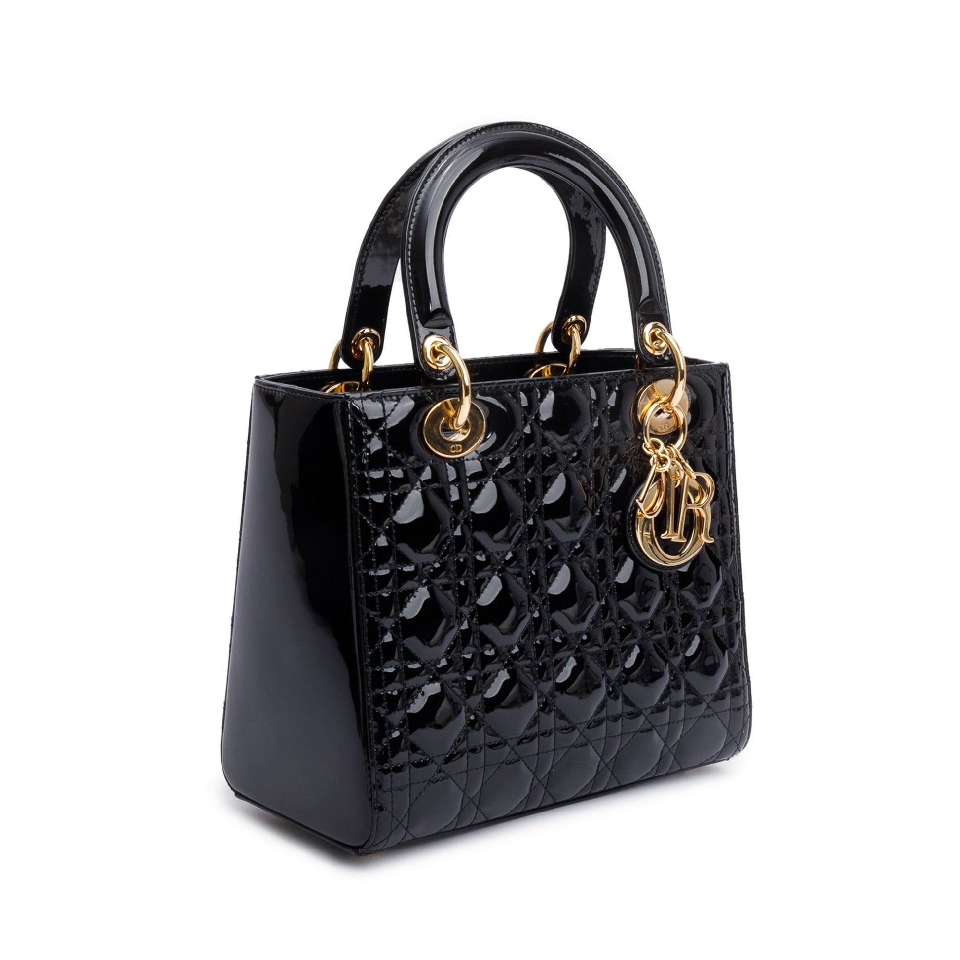 Christian Dior Black Cannage Patent Leather Medium Lady Dior Bag