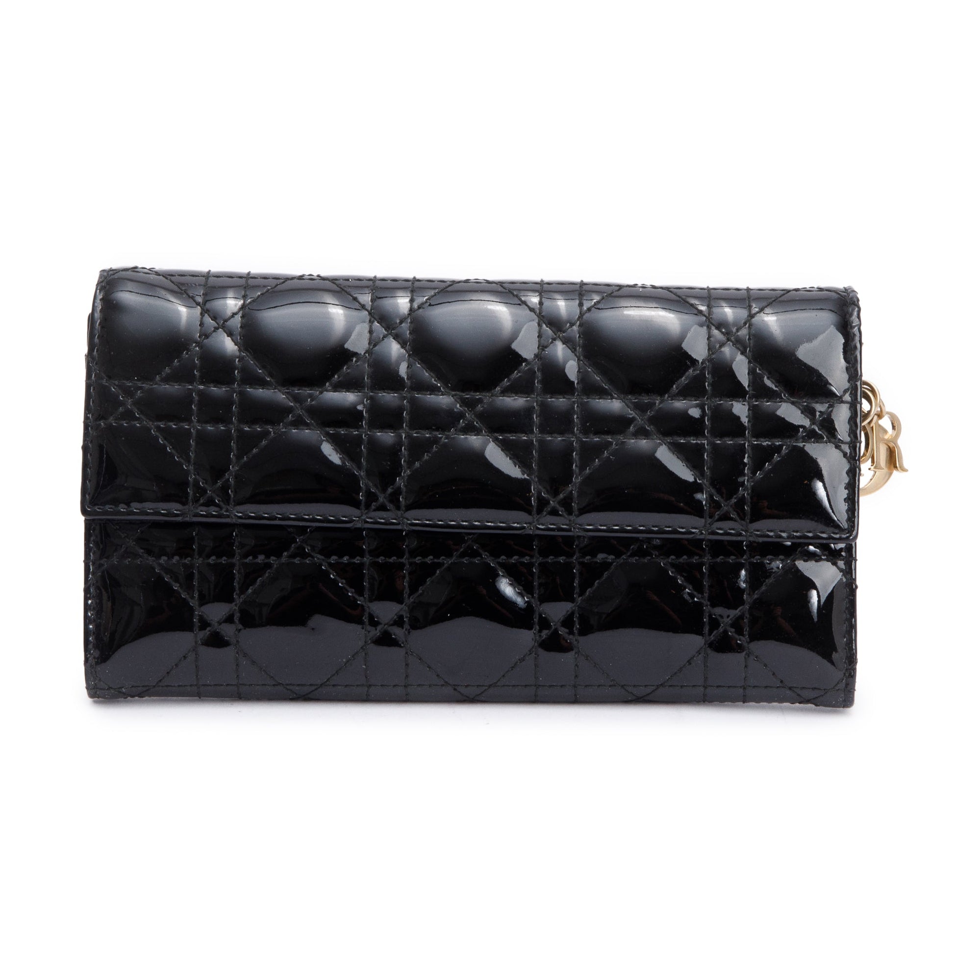 Christian Dior Black Cannage Patent Leather Rendezvous Wallet on Chain