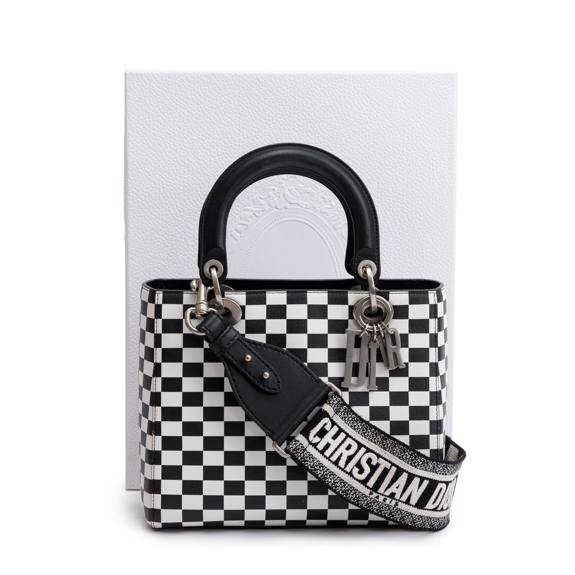 Christian Dior Black & White Check Print Leather Medium Lady Dior Bag