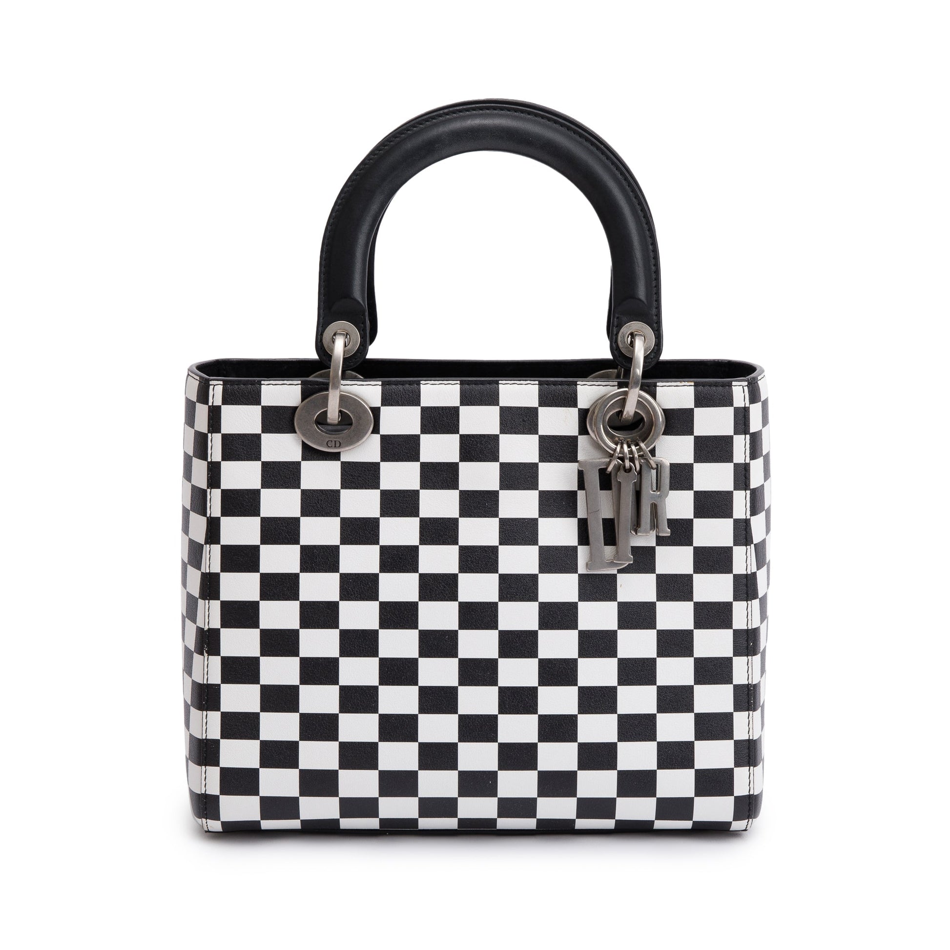 Christian Dior Black & White Check Print Leather Medium Lady Dior Bag