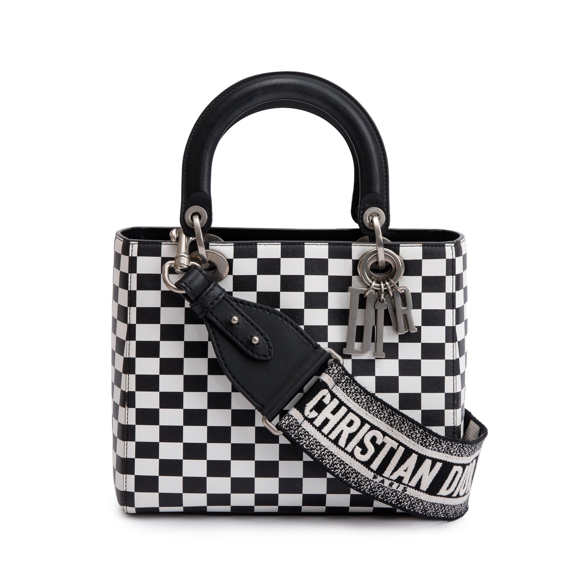 Christian Dior Black & White Check Print Leather Medium Lady Dior Bag