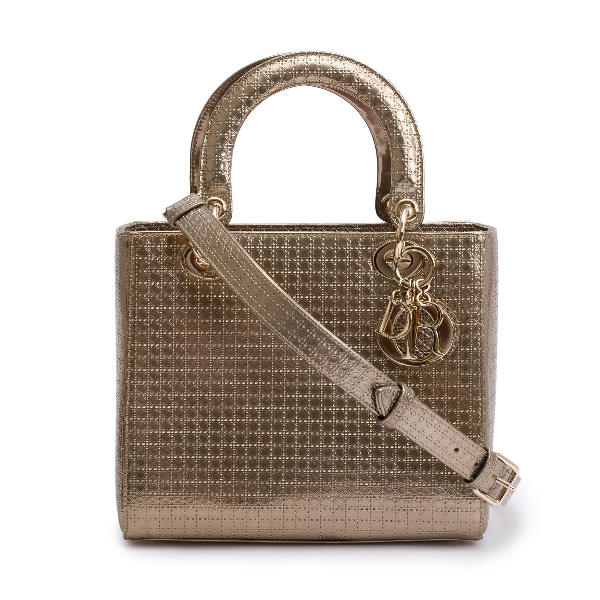 Christian Dior Gold Metallic Microcannage Patent Leather Medium Lady Dior Bag