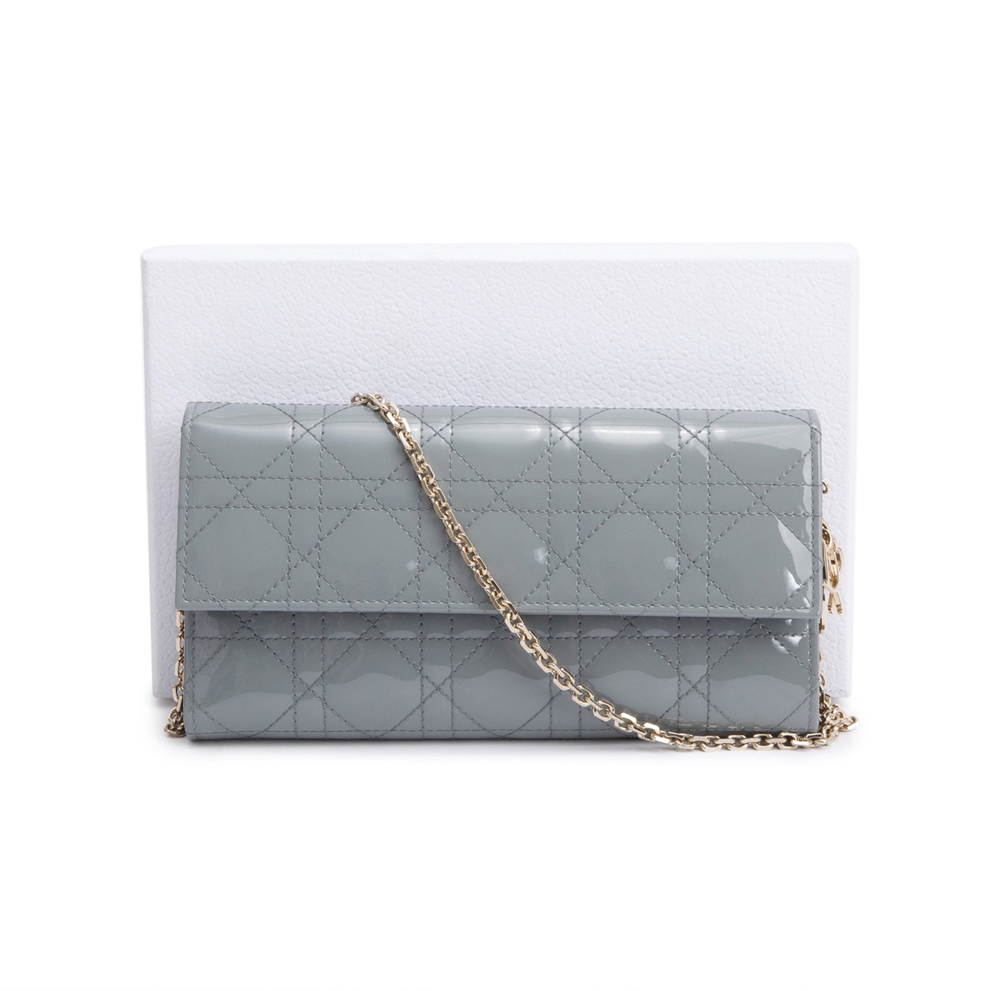 Christian Dior Grey Cannage Patent Leather Lady Dior Rendezvous Wallet on Chain