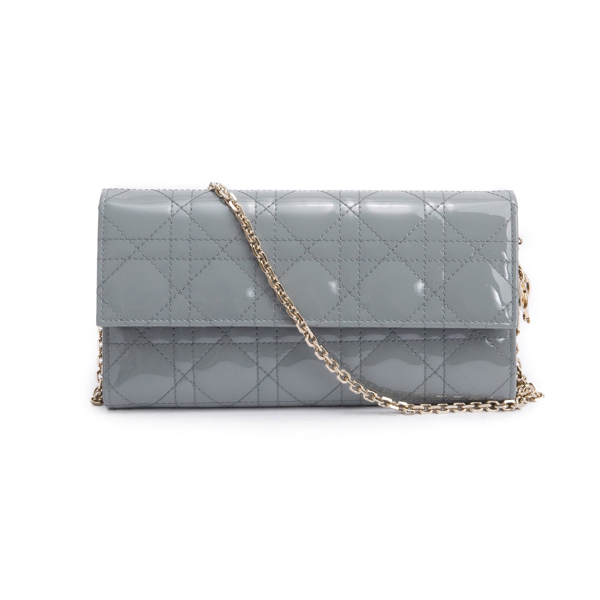 Christian Dior Grey Cannage Patent Leather Lady Dior Rendezvous Wallet on Chain