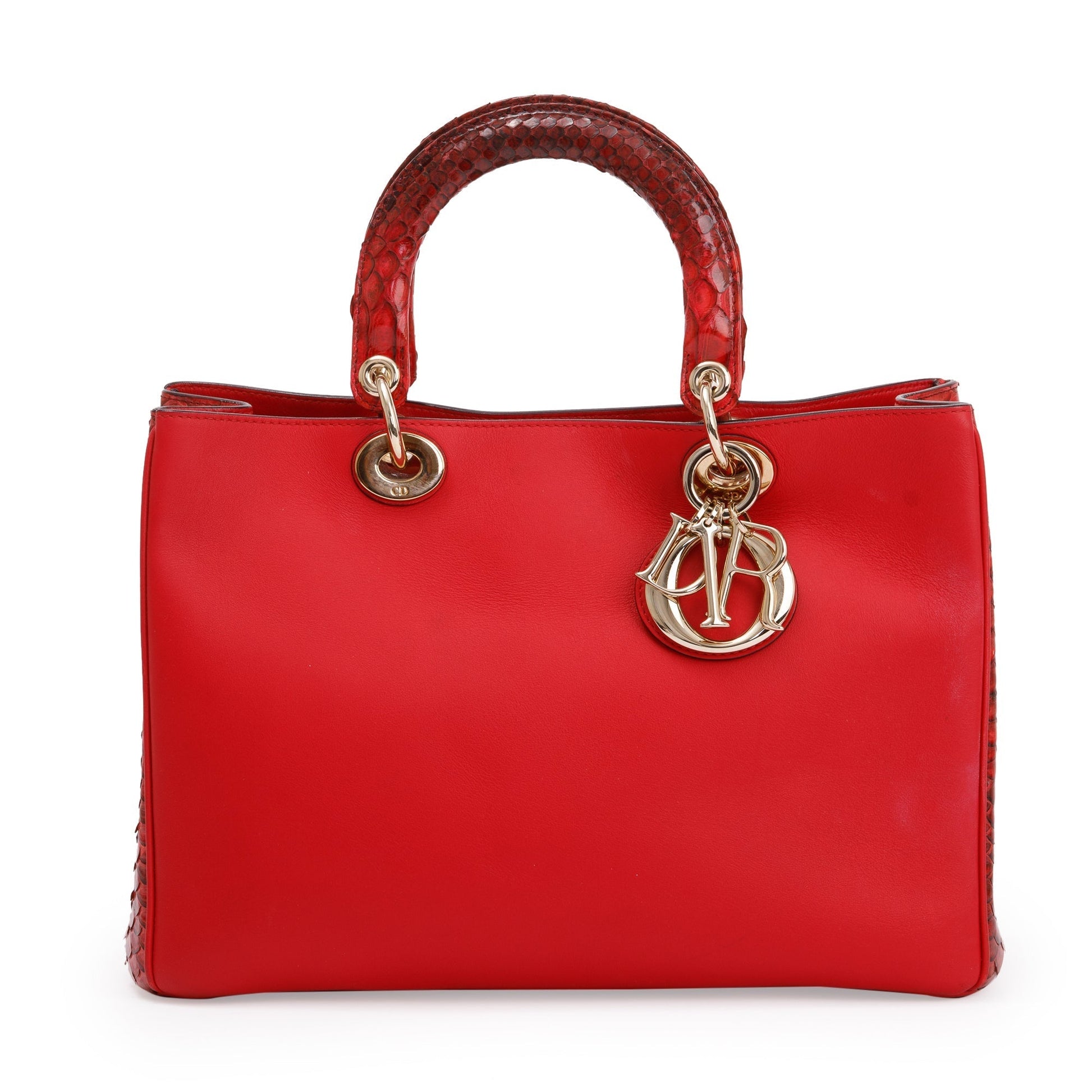 Christian Dior Medium Red Python Trimmed Calfskin Leather Diorissimo Tote