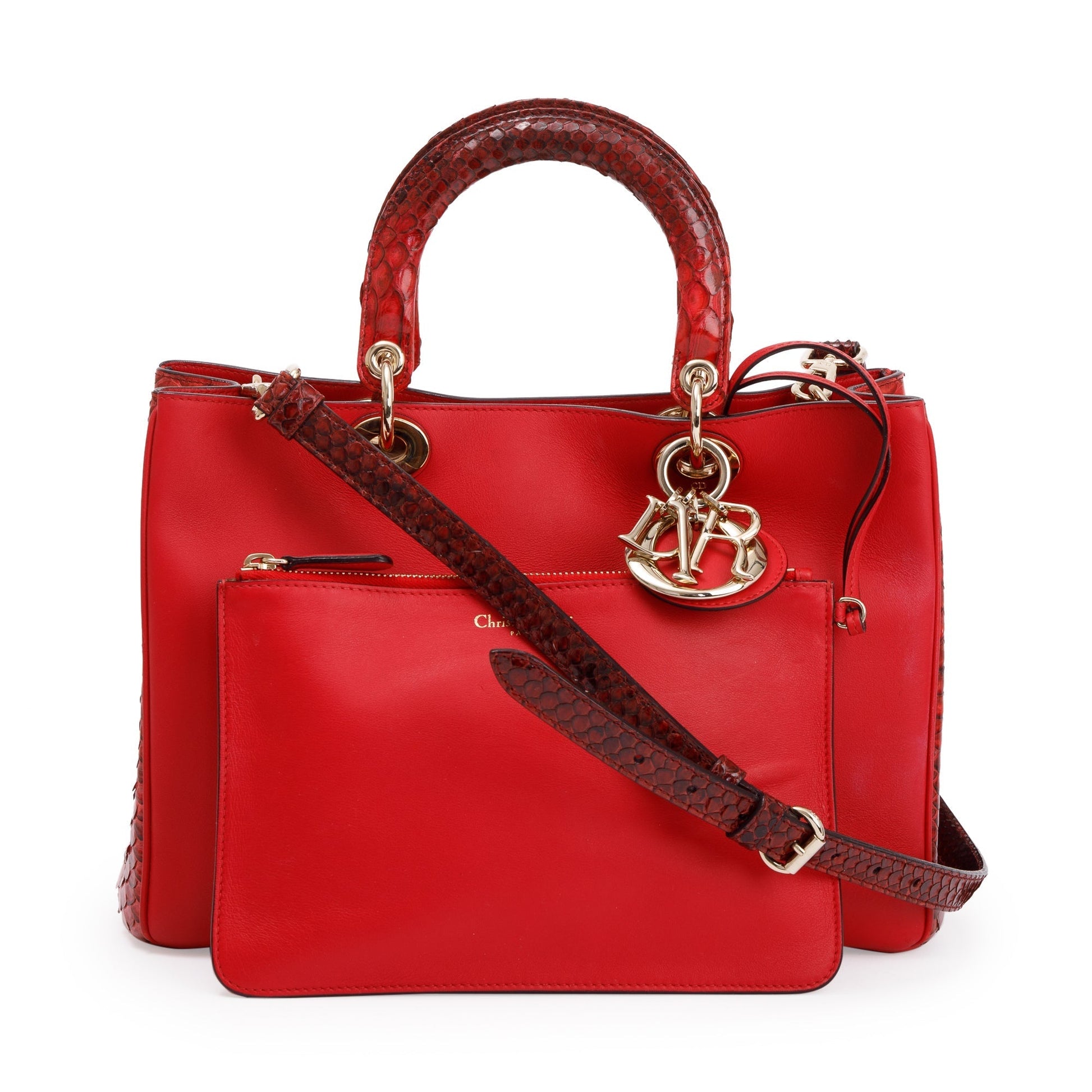 Christian Dior Medium Red Python Trimmed Calfskin Leather Diorissimo Tote