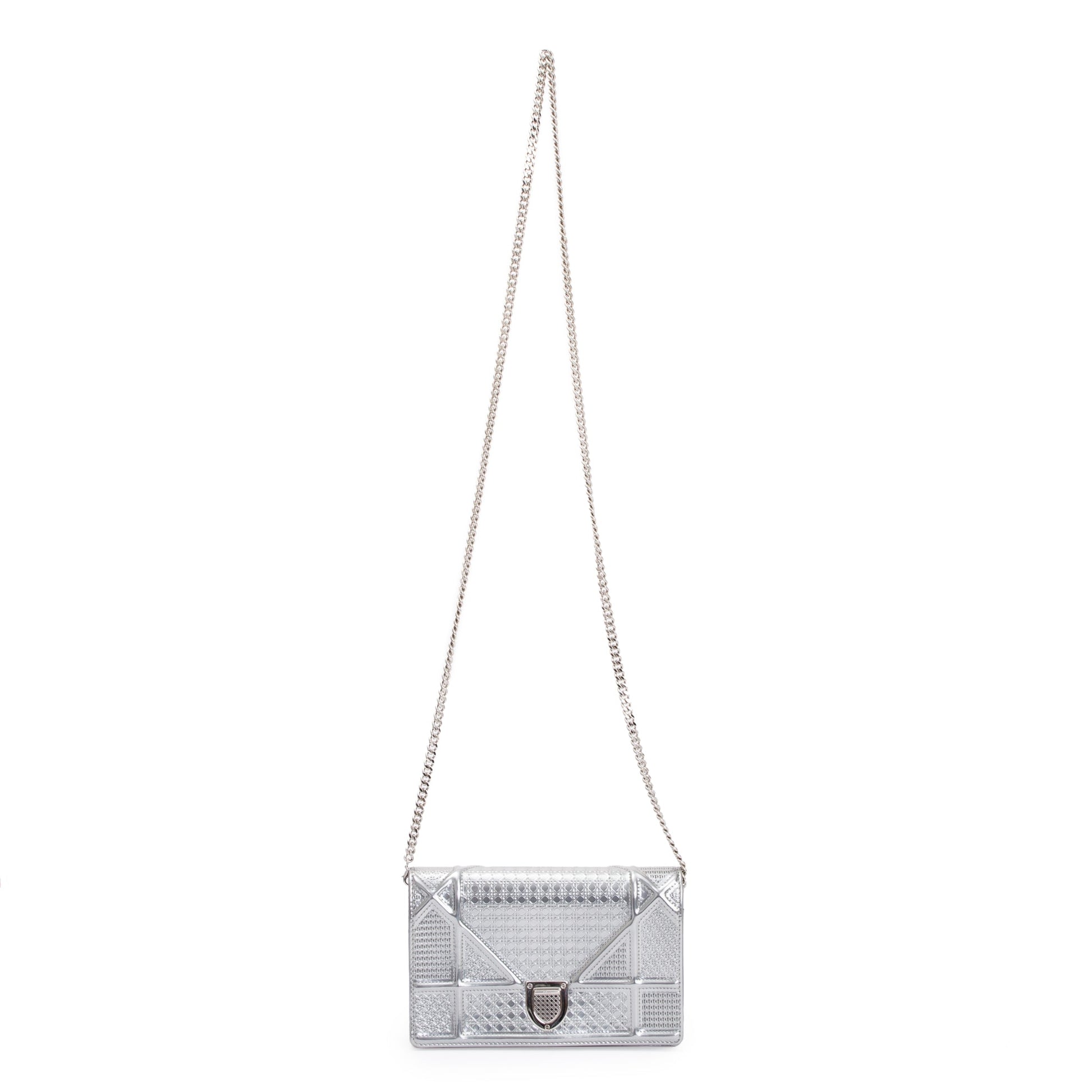 Christian Dior Metallic Silver Cannage Patent Leather Diorama Wallet on Chain