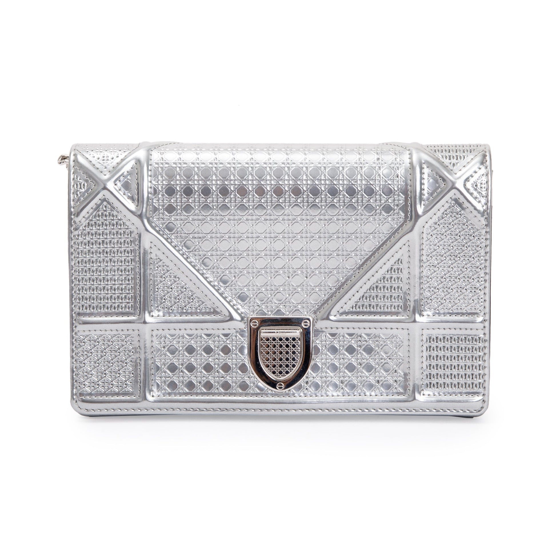 Christian Dior Metallic Silver Cannage Patent Leather Diorama Wallet on Chain