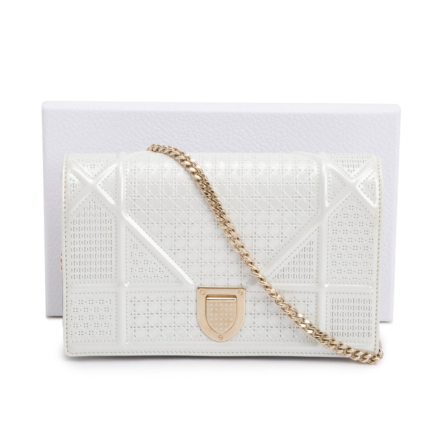 Christian Dior Metallic White Microcannage Patent Leather Diorama Wallet on Chain