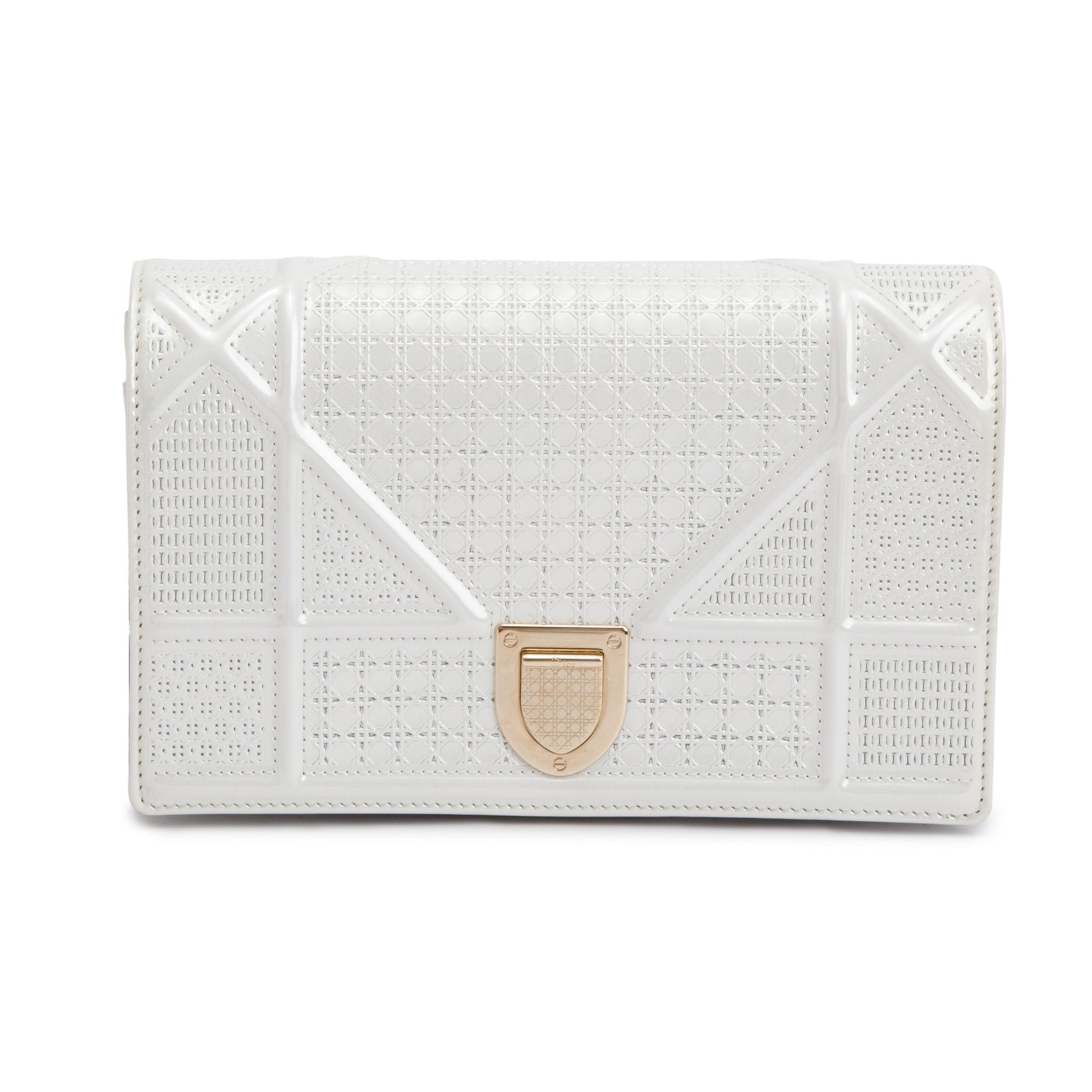 Christian Dior Metallic White Microcannage Patent Leather Diorama Wallet on Chain