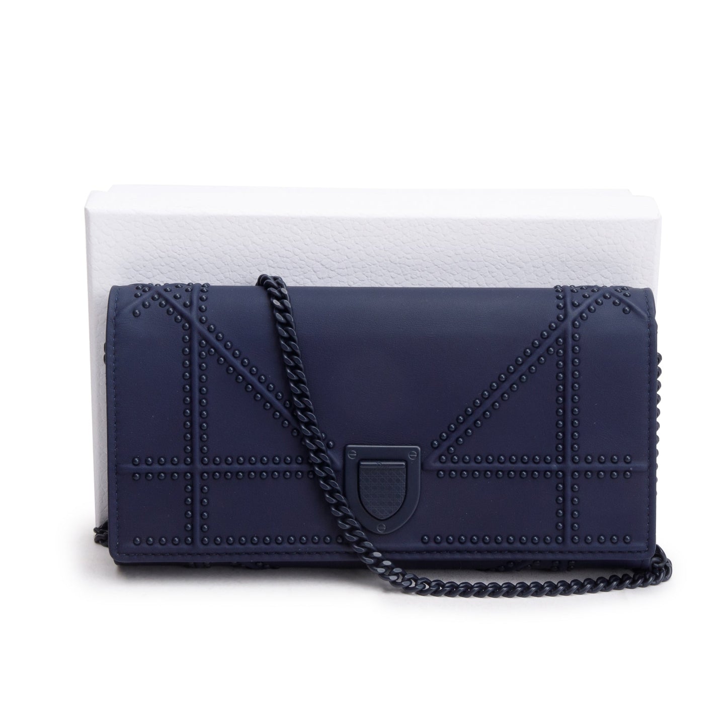 Christian Dior Navy Ultra Matte Calfskin Leather Studded Croisiere Diorama Wallet on Chain
