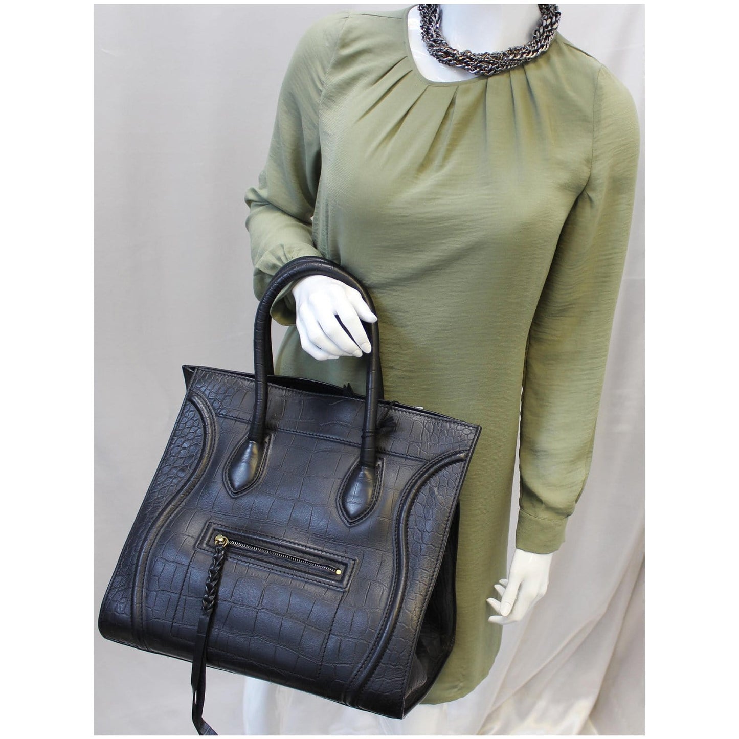 CELINE Medium Phantom Luggage Croc Stamped Embossed Leather Tote Bag Black