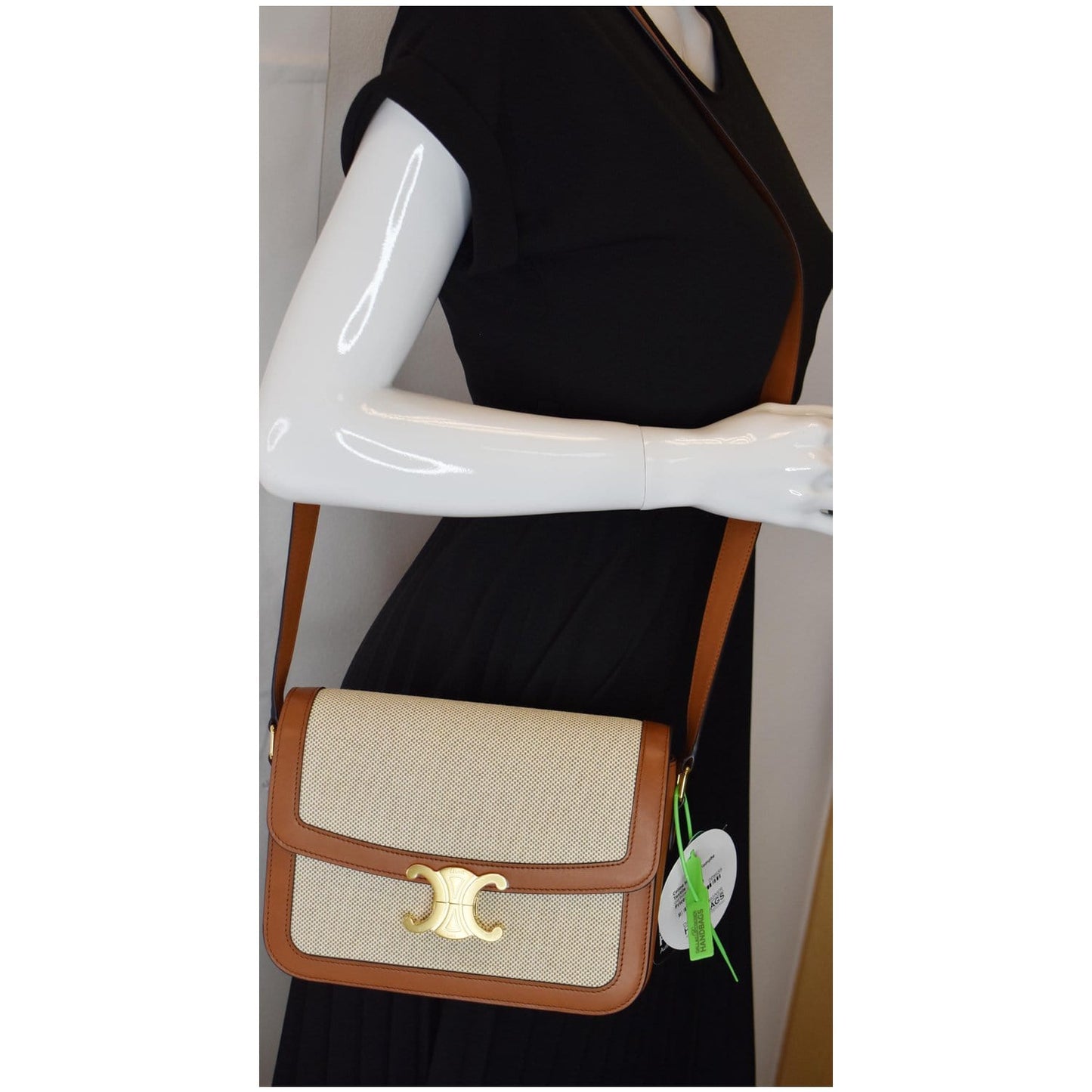 CELINE Triomphe Medium Leather Textile Shoulder Bag White
