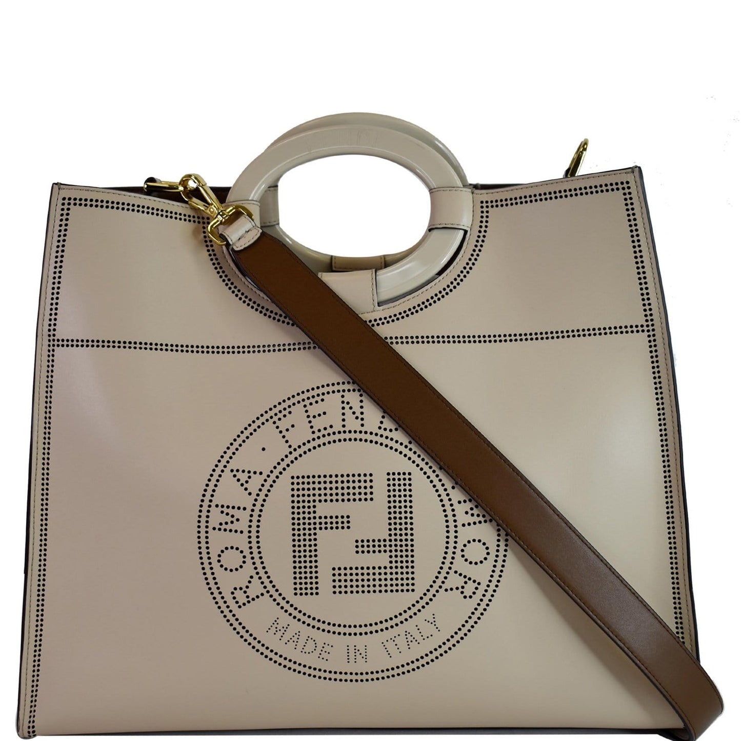 FENDI Runaway Large Perforated Leather Shopper Tote Bag Beige