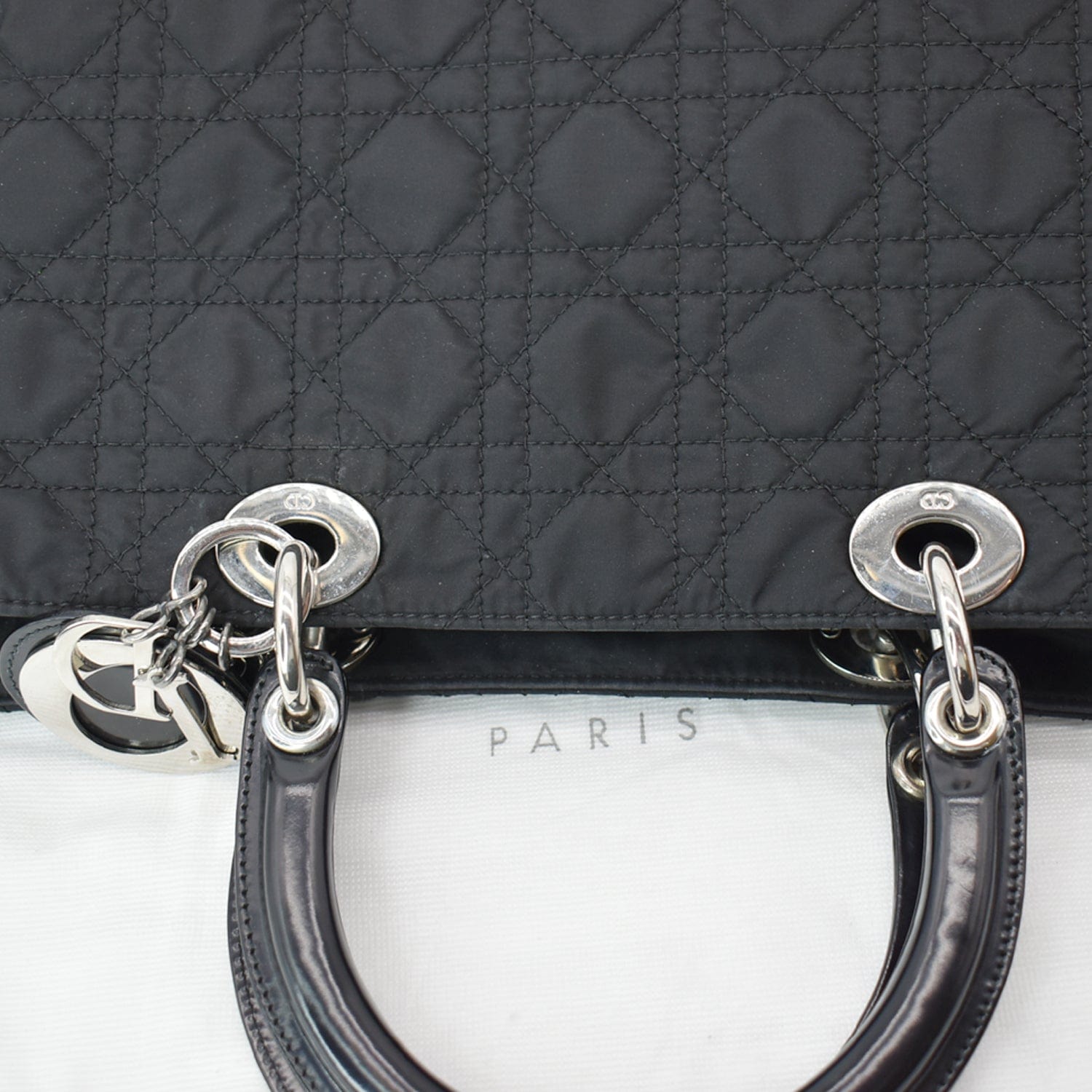 CHRISTIAN DIOR Lady Dior Nylon Cannage Canvas Tote Bag Black