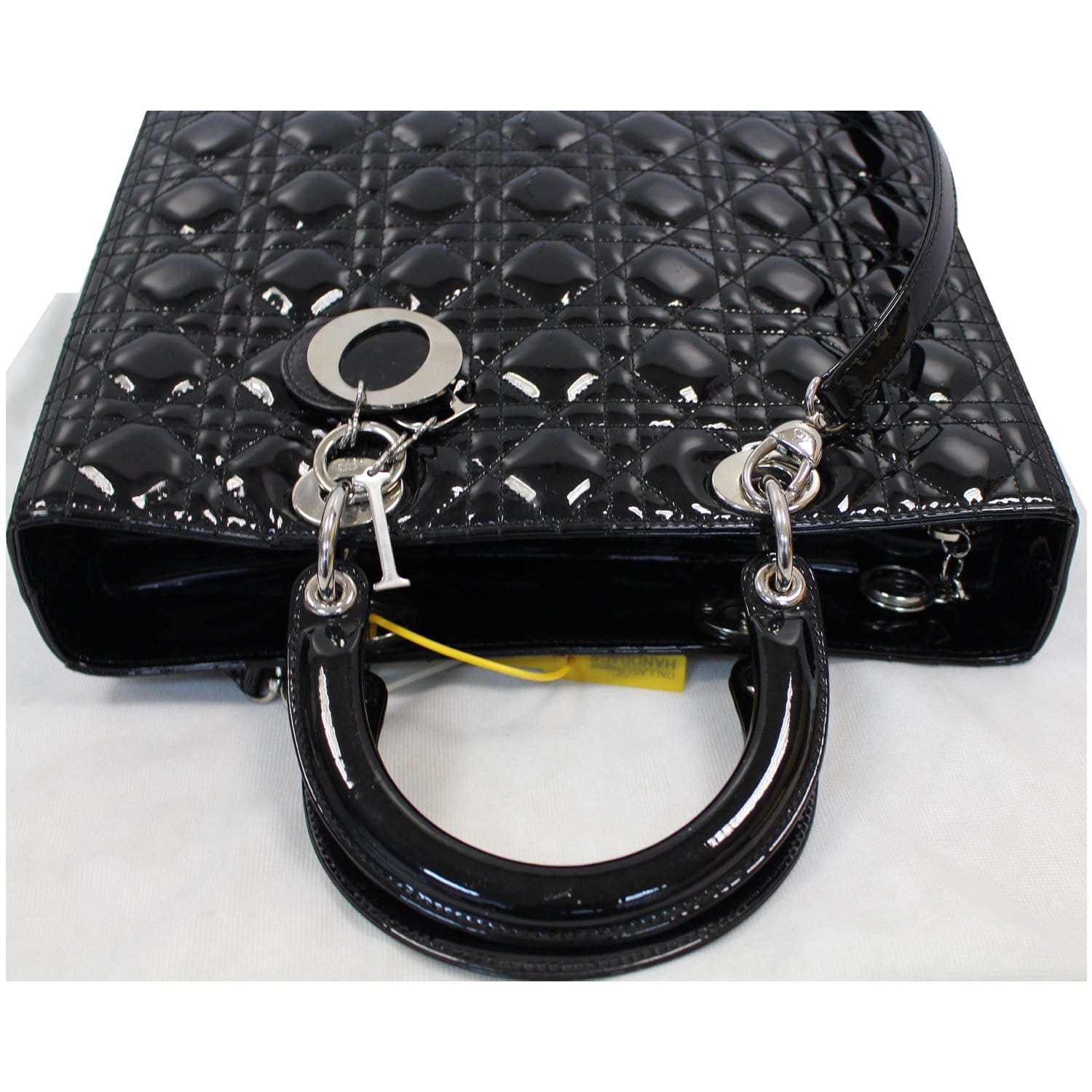 CHRISTIAN DIOR Lady Dior Large Quilted Patent Leather Shoulder Bag Black