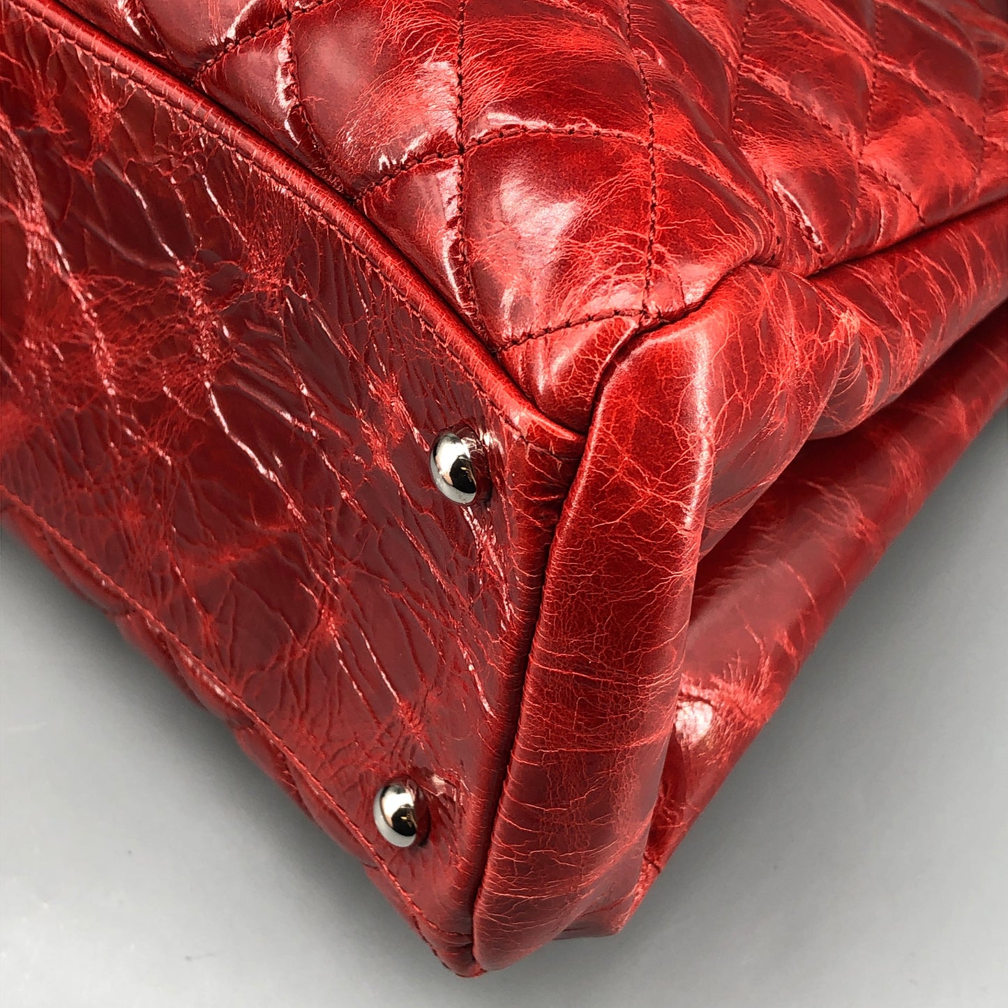 Chanel Just Mademoiselle Quilted Patent Leather Bowling Shoulder Bag Cherry Red