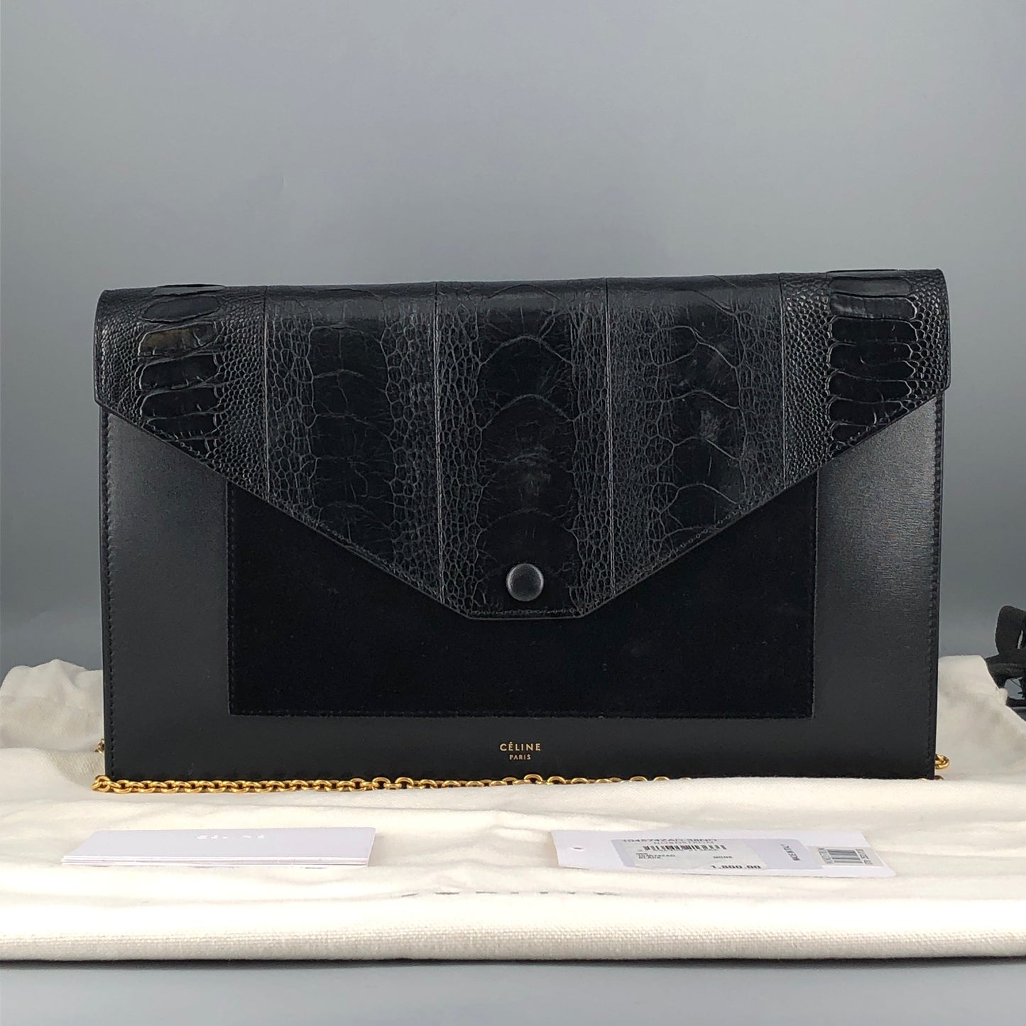 Celine Genuine Python & Smooth Calfskin Envelope Chain Shoulder Bag Black
