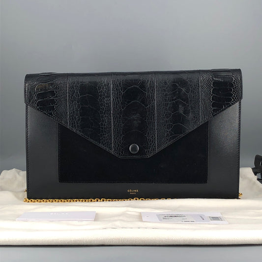 Celine Genuine Python & Smooth Calfskin Envelope Chain Shoulder Bag Black