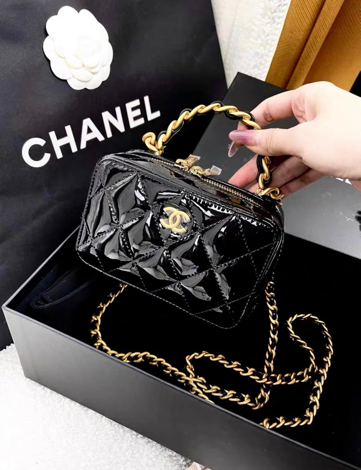 Chanel 22A Patent Black Leather Gold Chain Handle Vanity Case Mini Rectangular Bag Classic Top Handle
