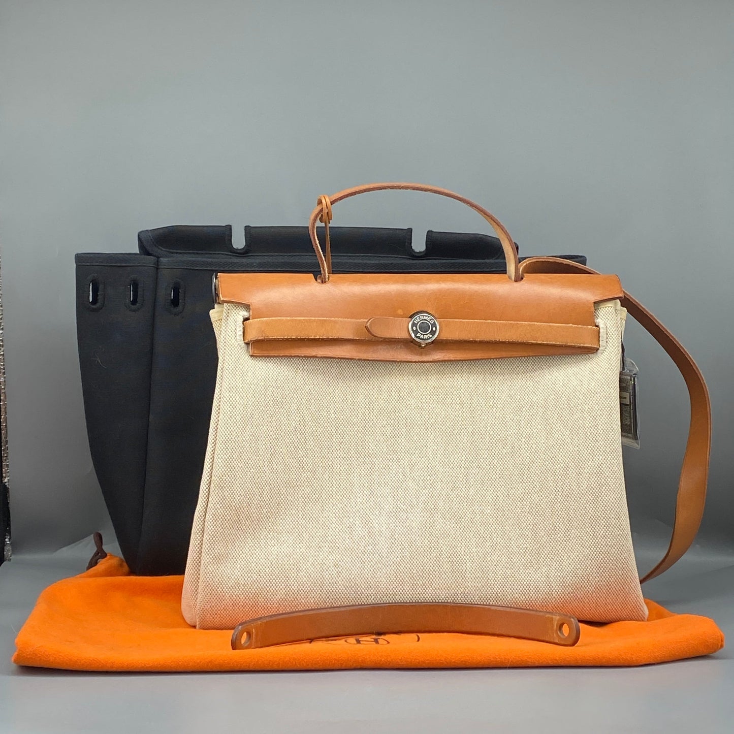Hermes 2001 Herbag 31 Beige Canvas & Natural Caramel Cowhide Shoulder Bag