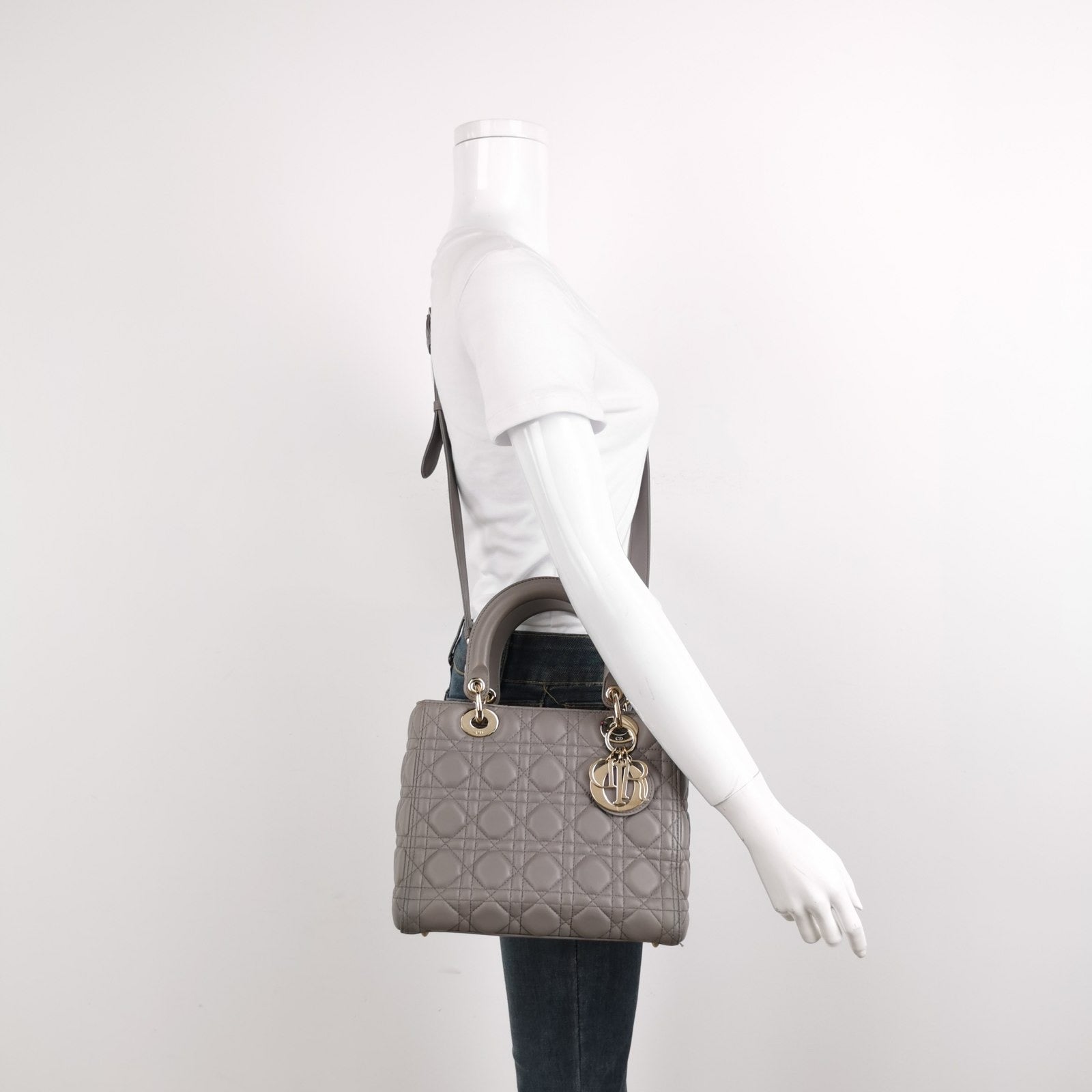 Lady Dior Grey Medium Lambskin Cannage Leather Handbag ABC Strap