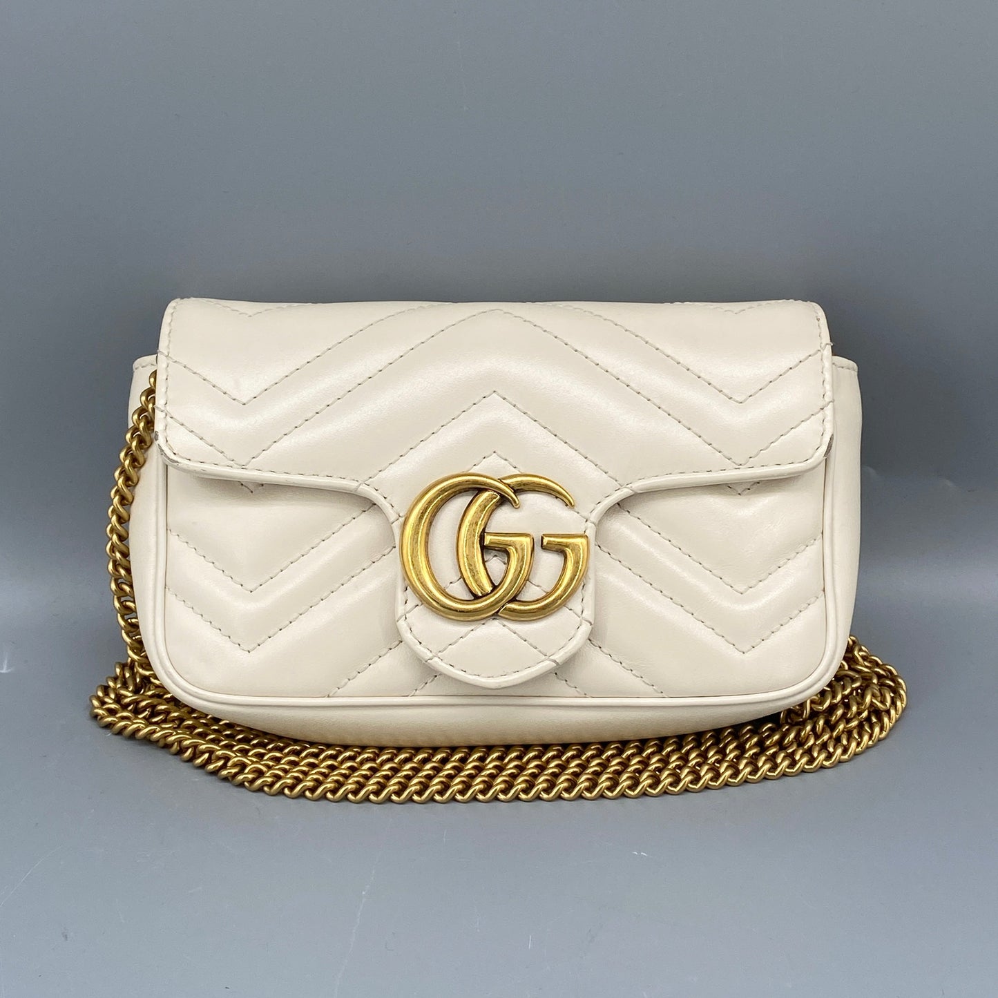 Gucci Cream GG Supreme Chevron Quilted Leather Marmont Mini Flap Chain Bag