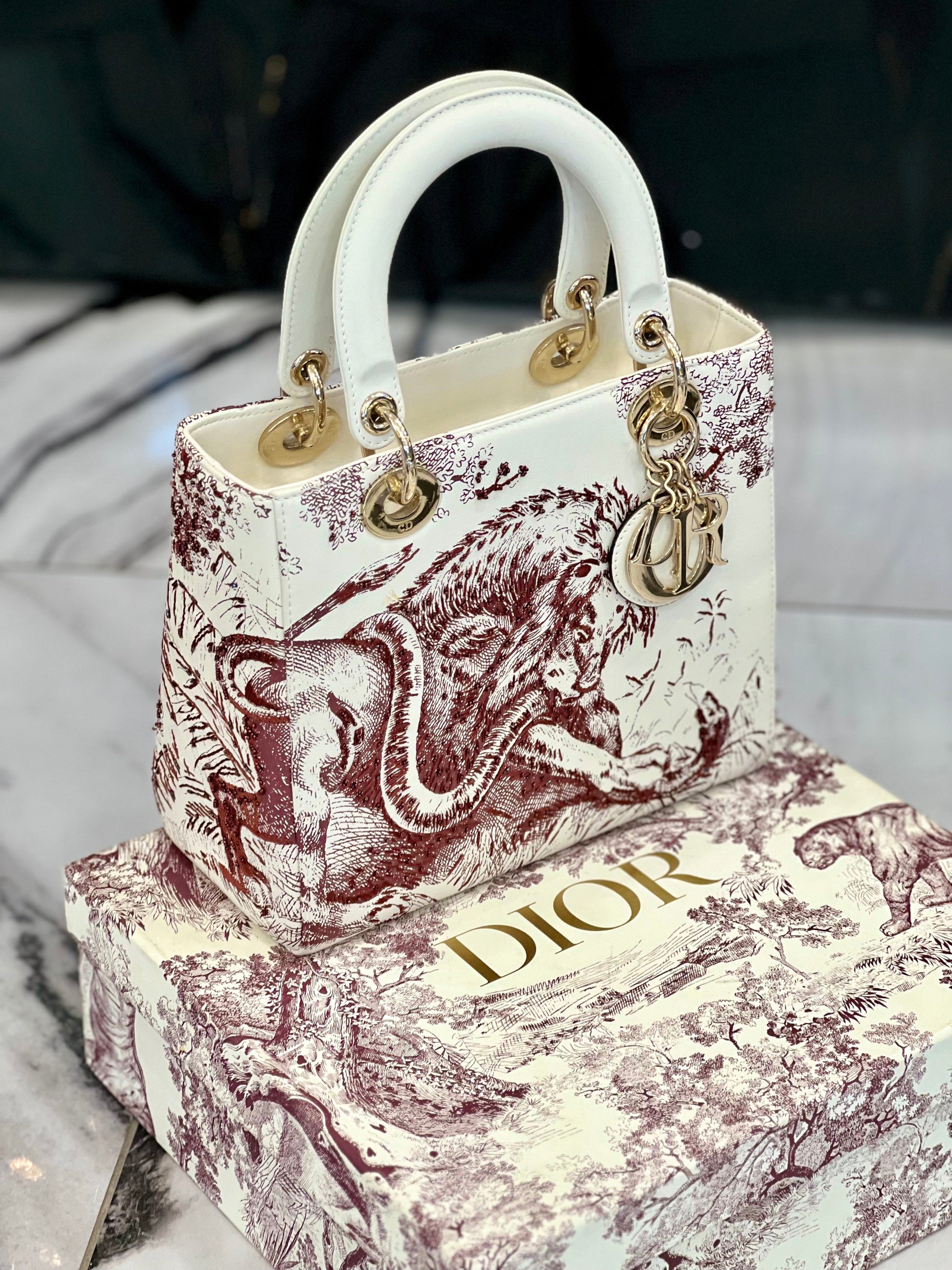 CHRISTIAN DIOR LADY DIOR CALFSKIN EMBROIDERED MEDIUM TOILE DE JOUY BAG