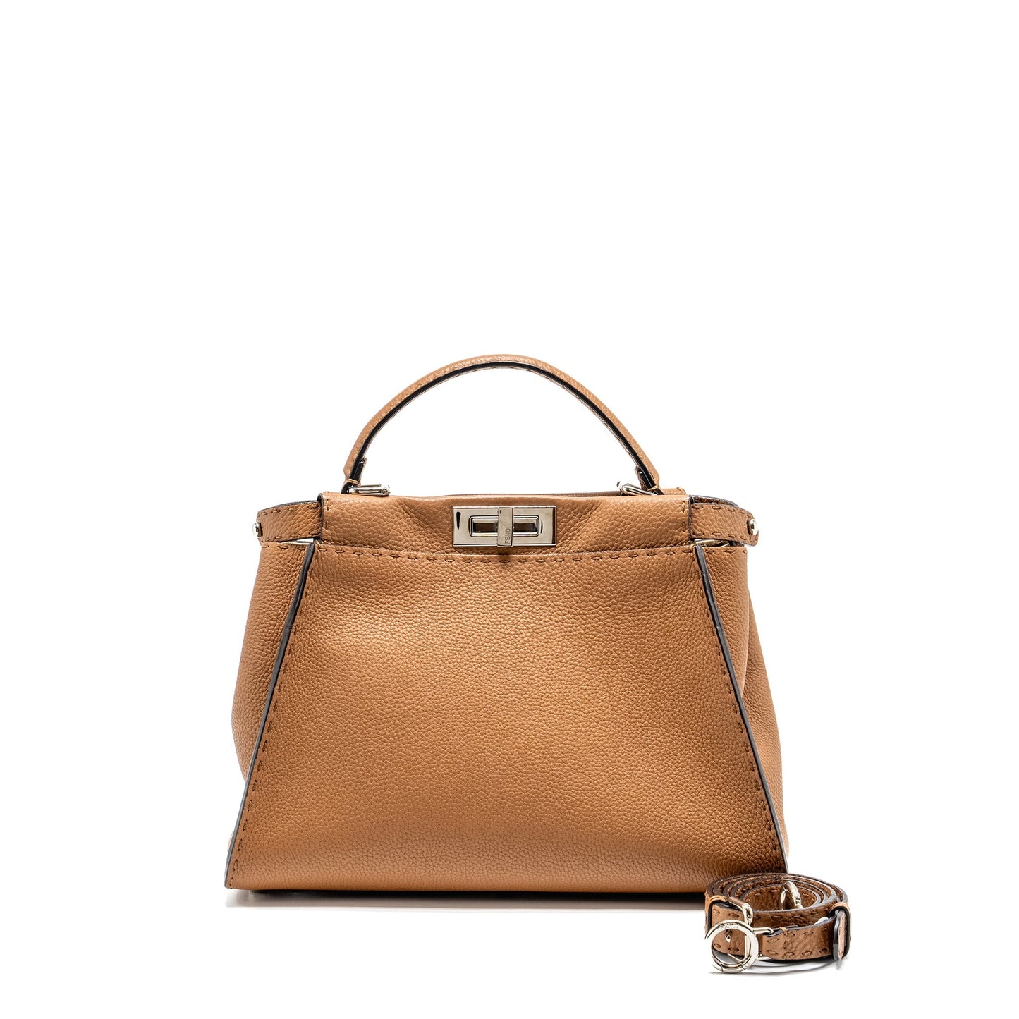 Fendi Medium Peekaboo Tote Purse Grained Calfskin Dark Beige