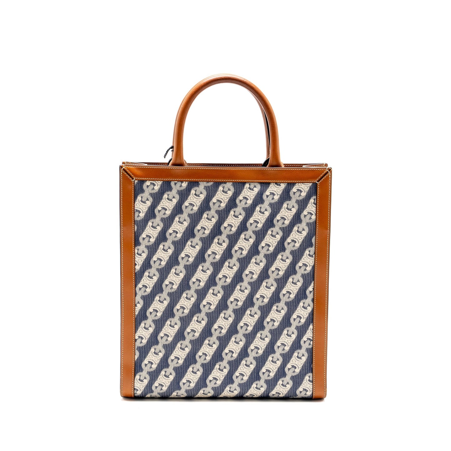 Luxury CELINE Vertical Cabas Tote in Triomphe Denim /Leather Navy/Tan GHW