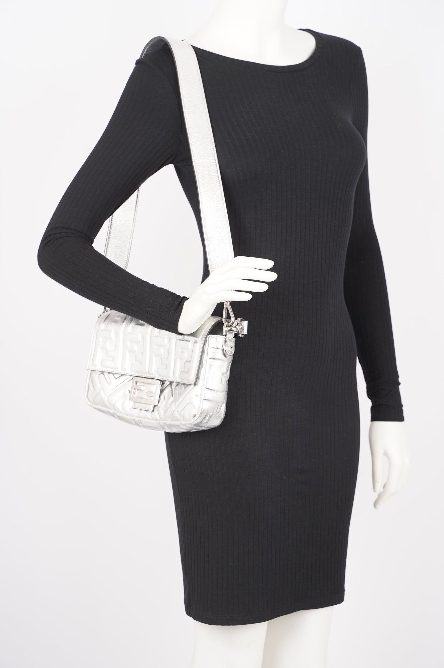 Fendi Womens Baguette Bag Silver Leather