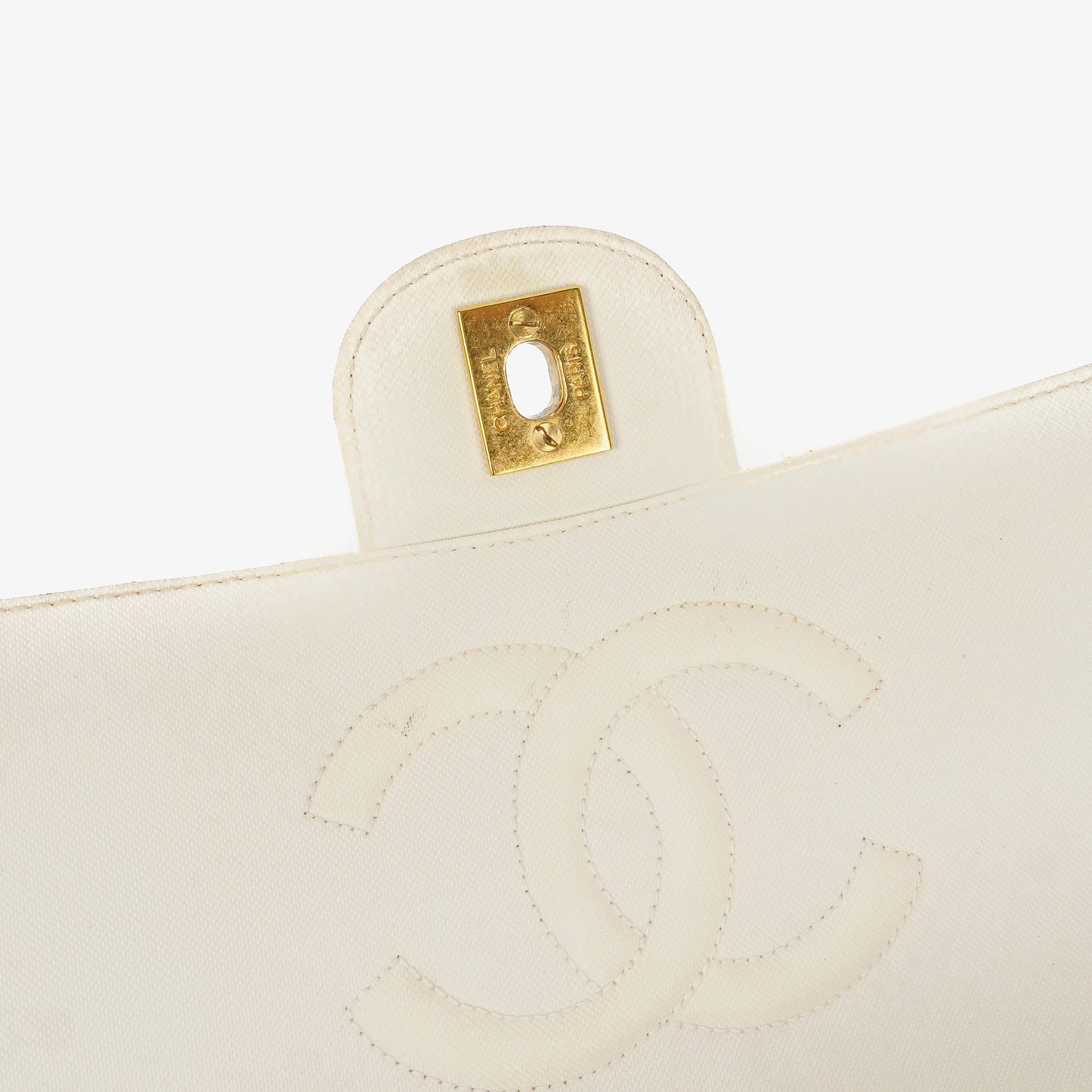 Chanel Medium Classic White Fabric Single Flap Bag With 24K Gold-Plated Hardware