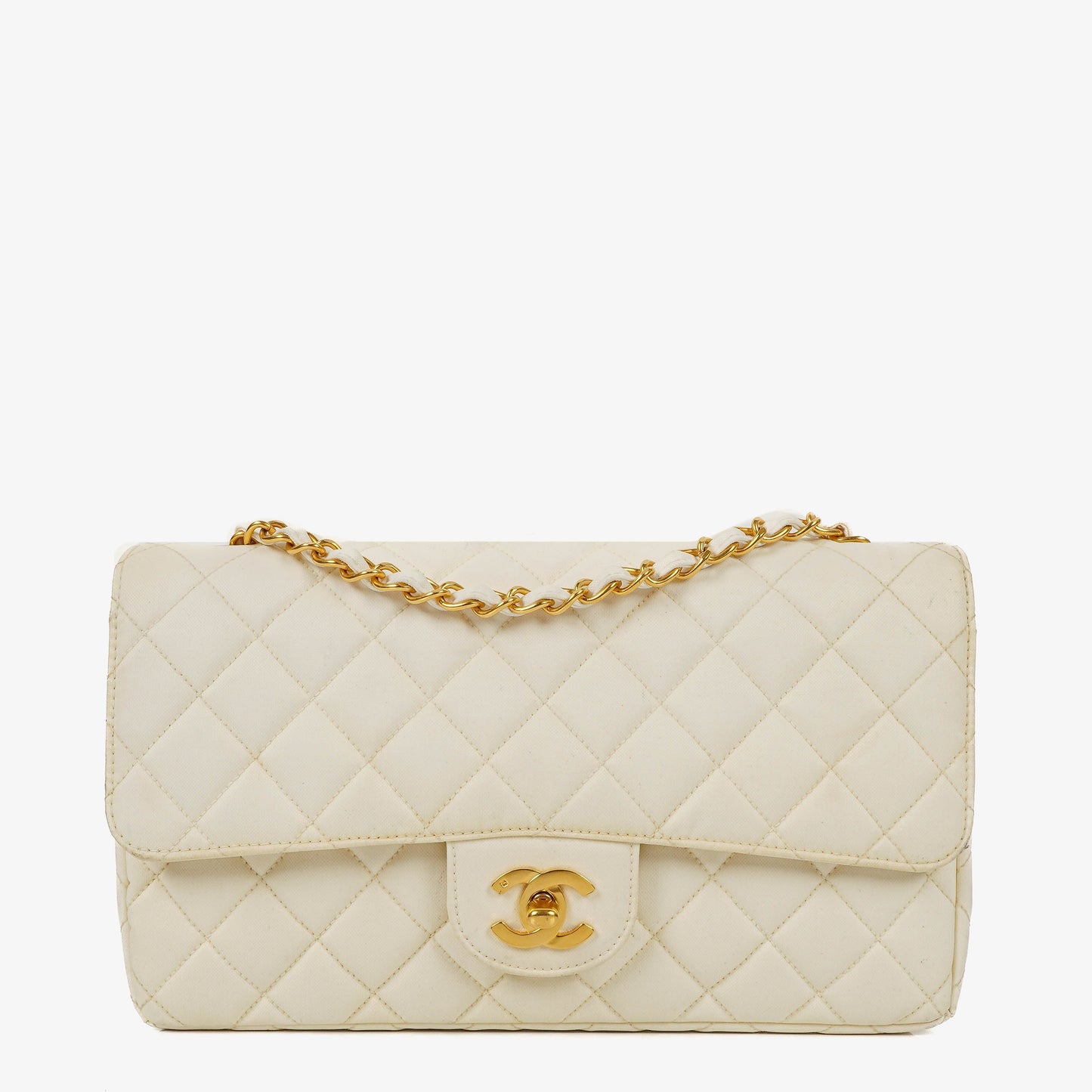 Chanel Medium Classic White Fabric Single Flap Bag With 24K Gold-Plated Hardware