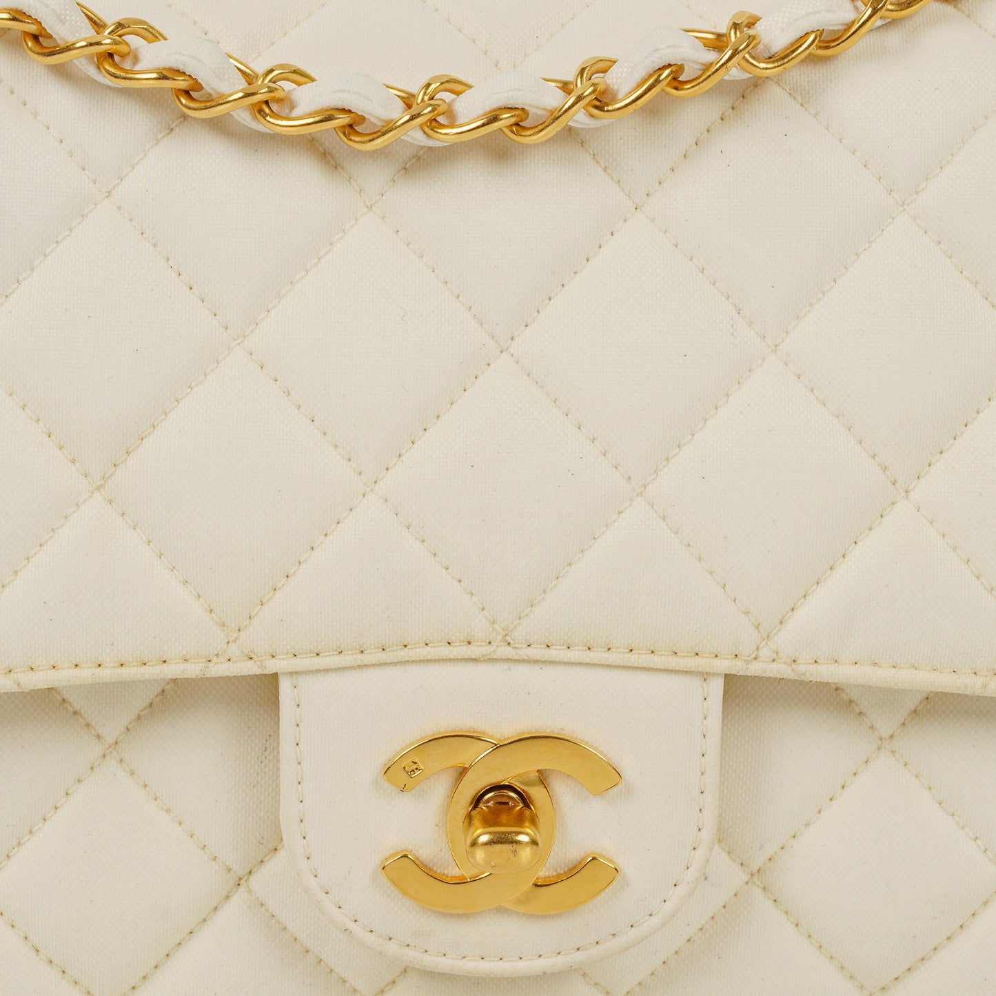 Chanel Medium Classic White Fabric Single Flap Bag With 24K Gold-Plated Hardware