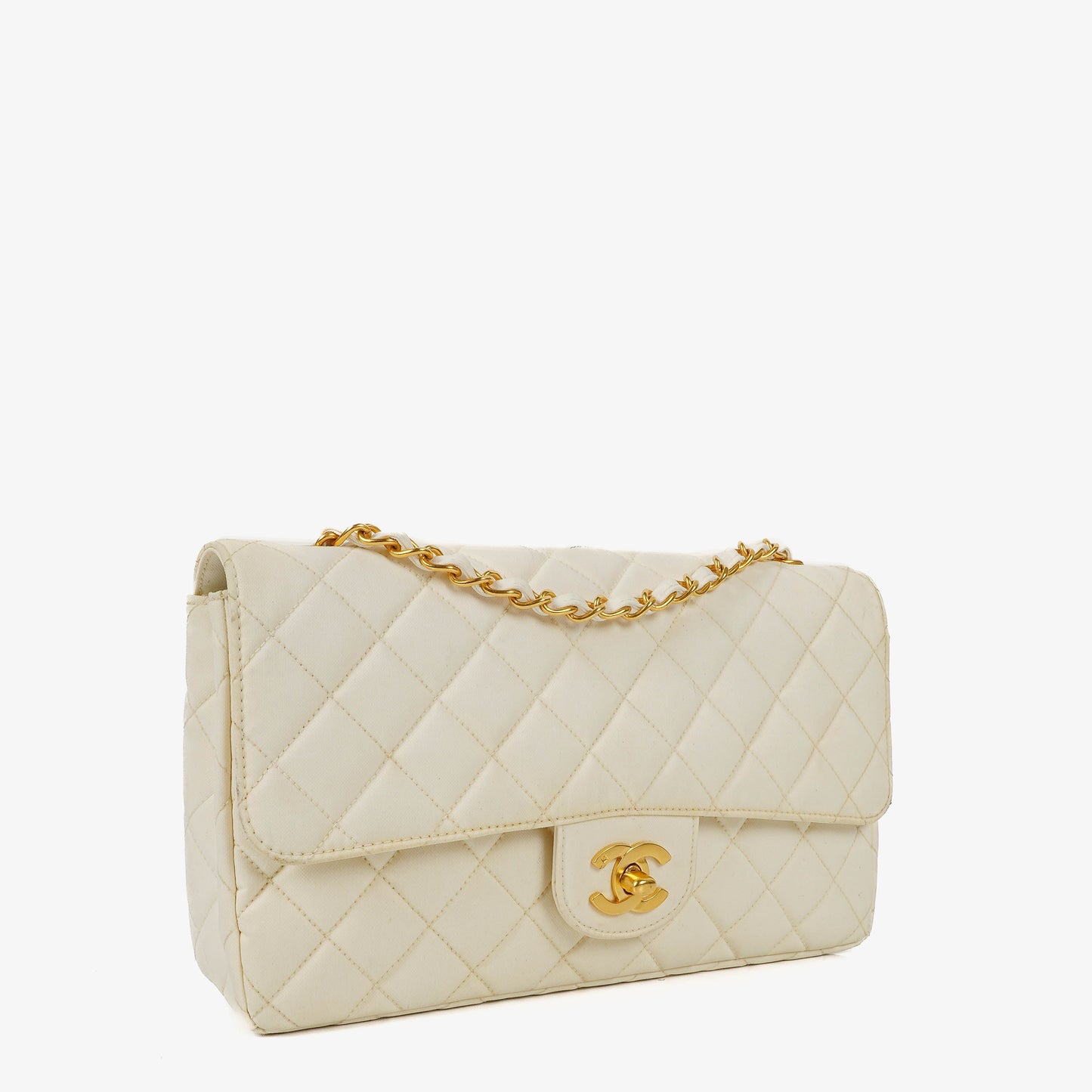 Chanel Medium Classic White Fabric Single Flap Bag With 24K Gold-Plated Hardware