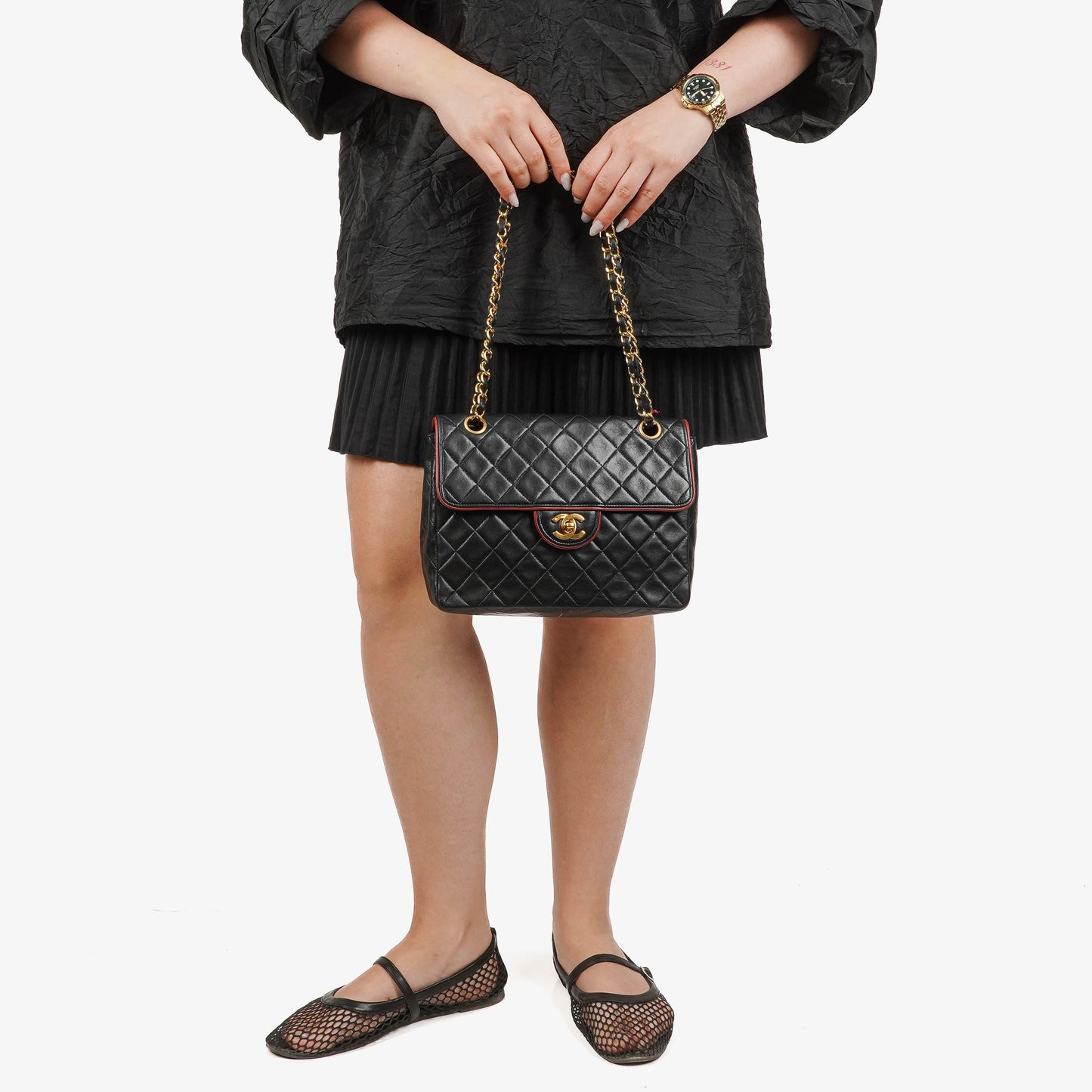 Chanel Medium Single Flap Bag Black Quilted Lambskin With 24K Gold-Plated Hardware
