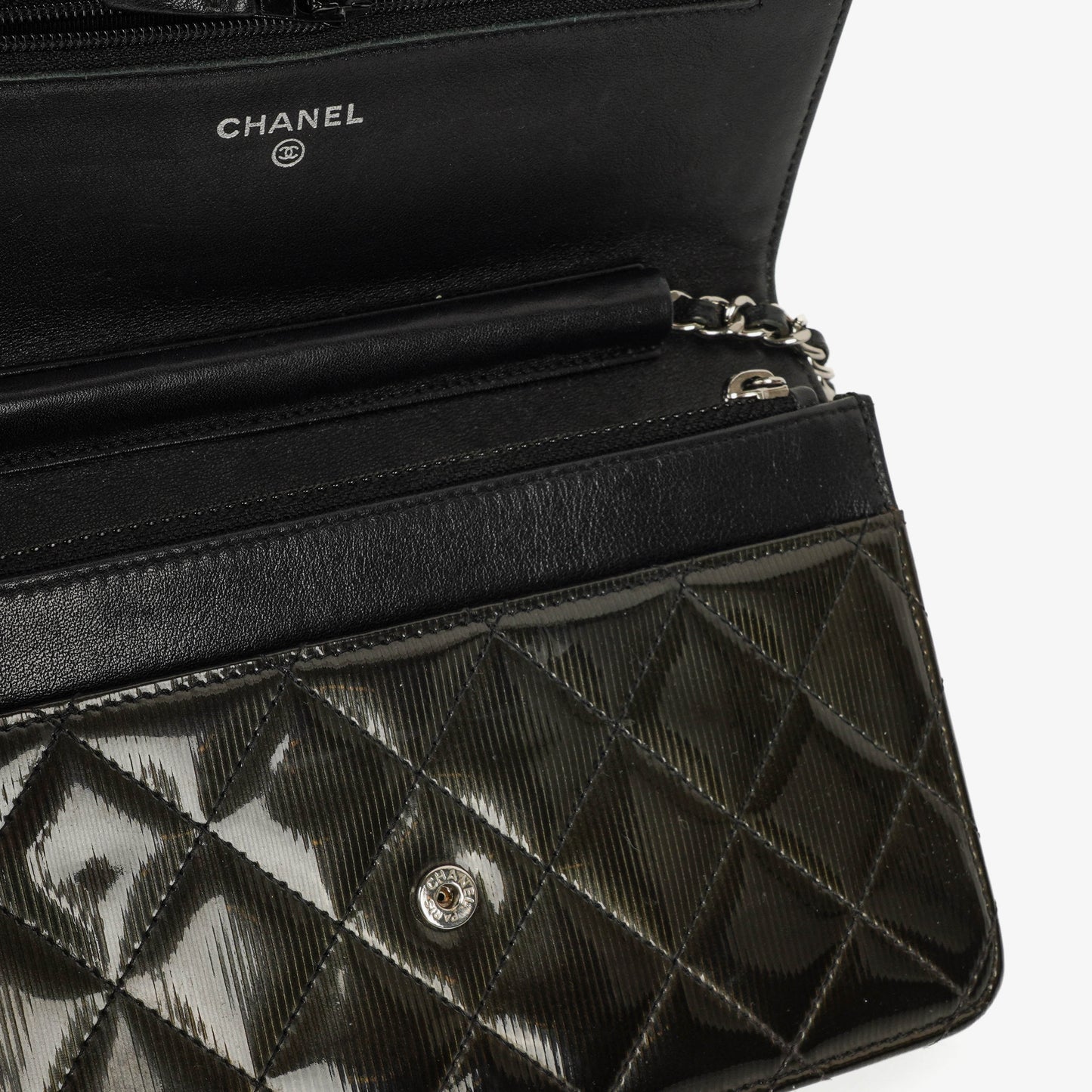 Chanel Black Patent Leather Quilted Wallet On Chain Bag