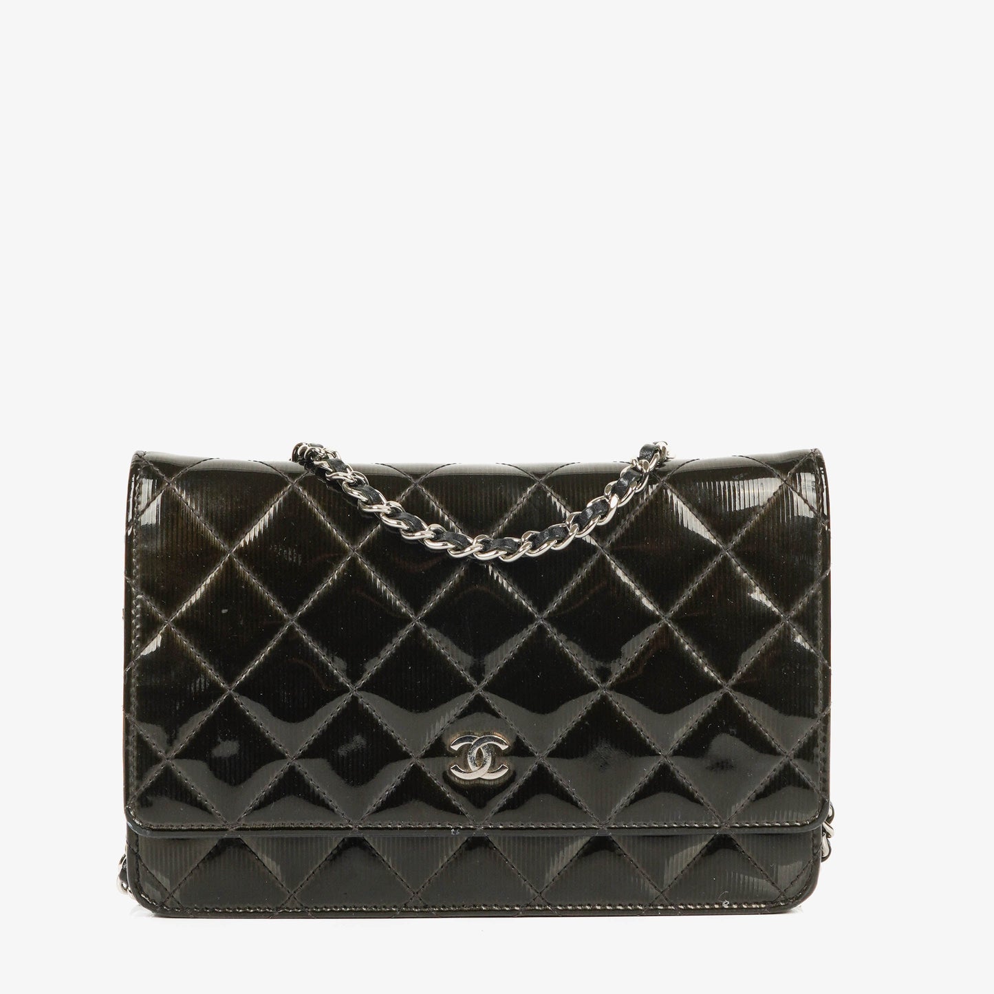 Chanel Black Patent Leather Quilted Wallet On Chain Bag