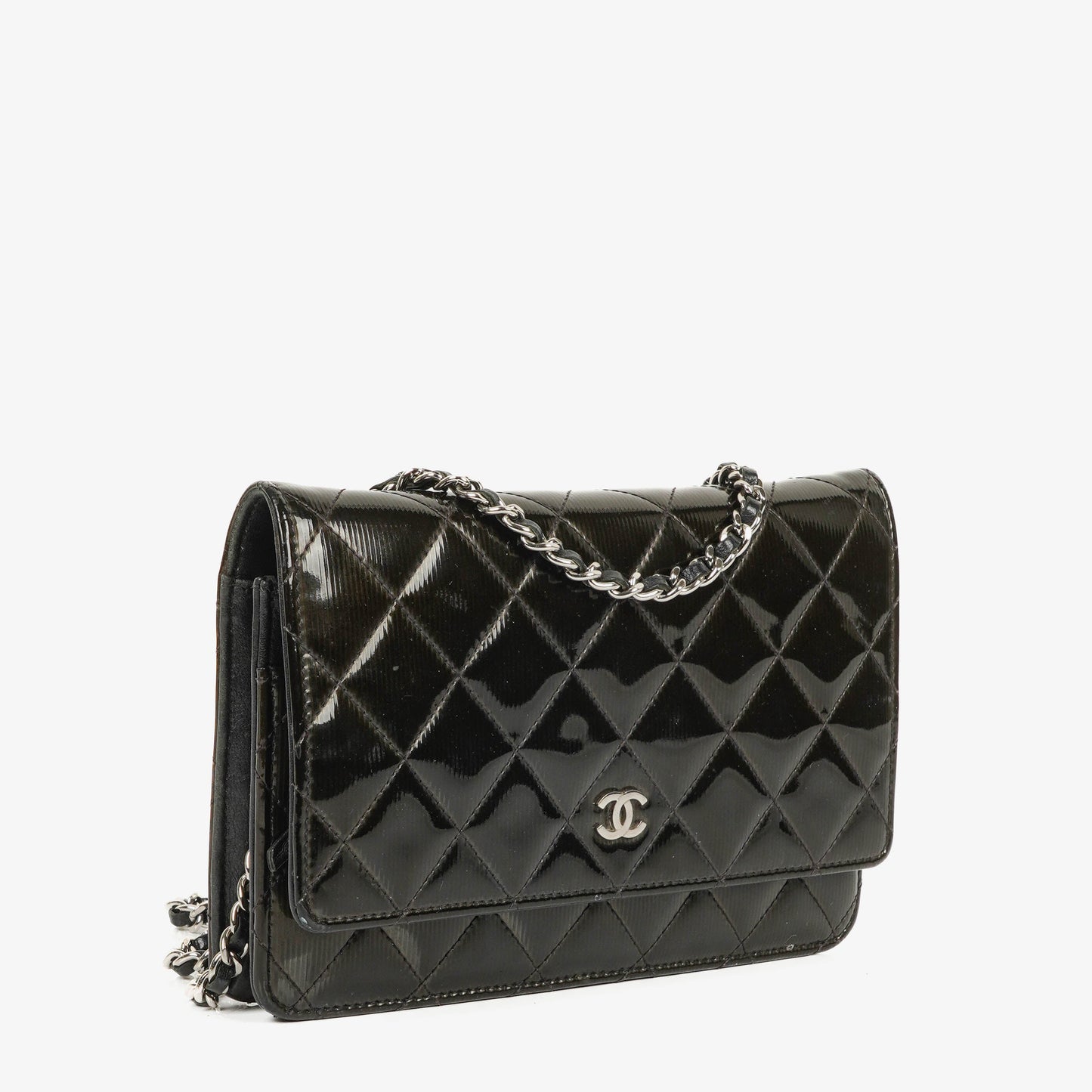 Chanel Black Patent Leather Quilted Wallet On Chain Bag