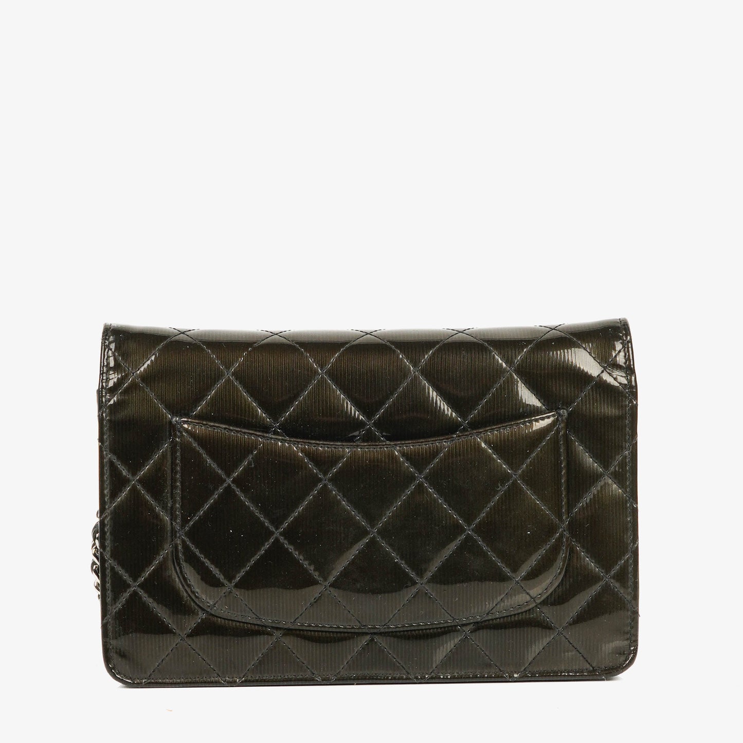 Chanel Black Patent Leather Quilted Wallet On Chain Bag