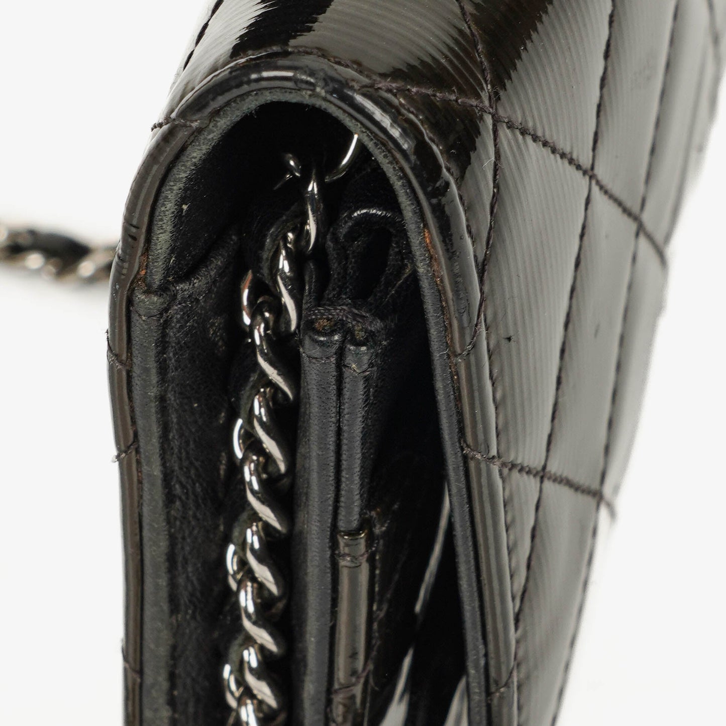 Chanel Black Patent Leather Quilted Wallet On Chain Bag