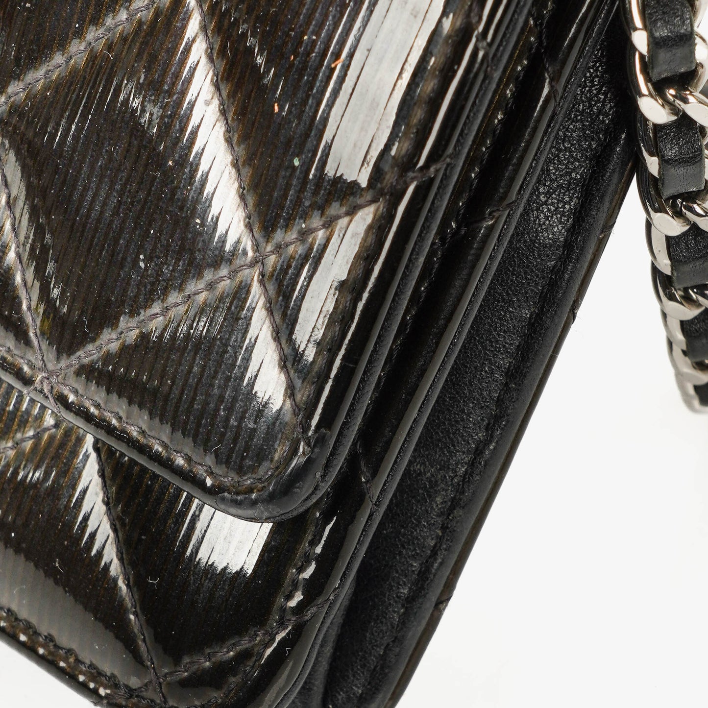 Chanel Black Patent Leather Quilted Wallet On Chain Bag