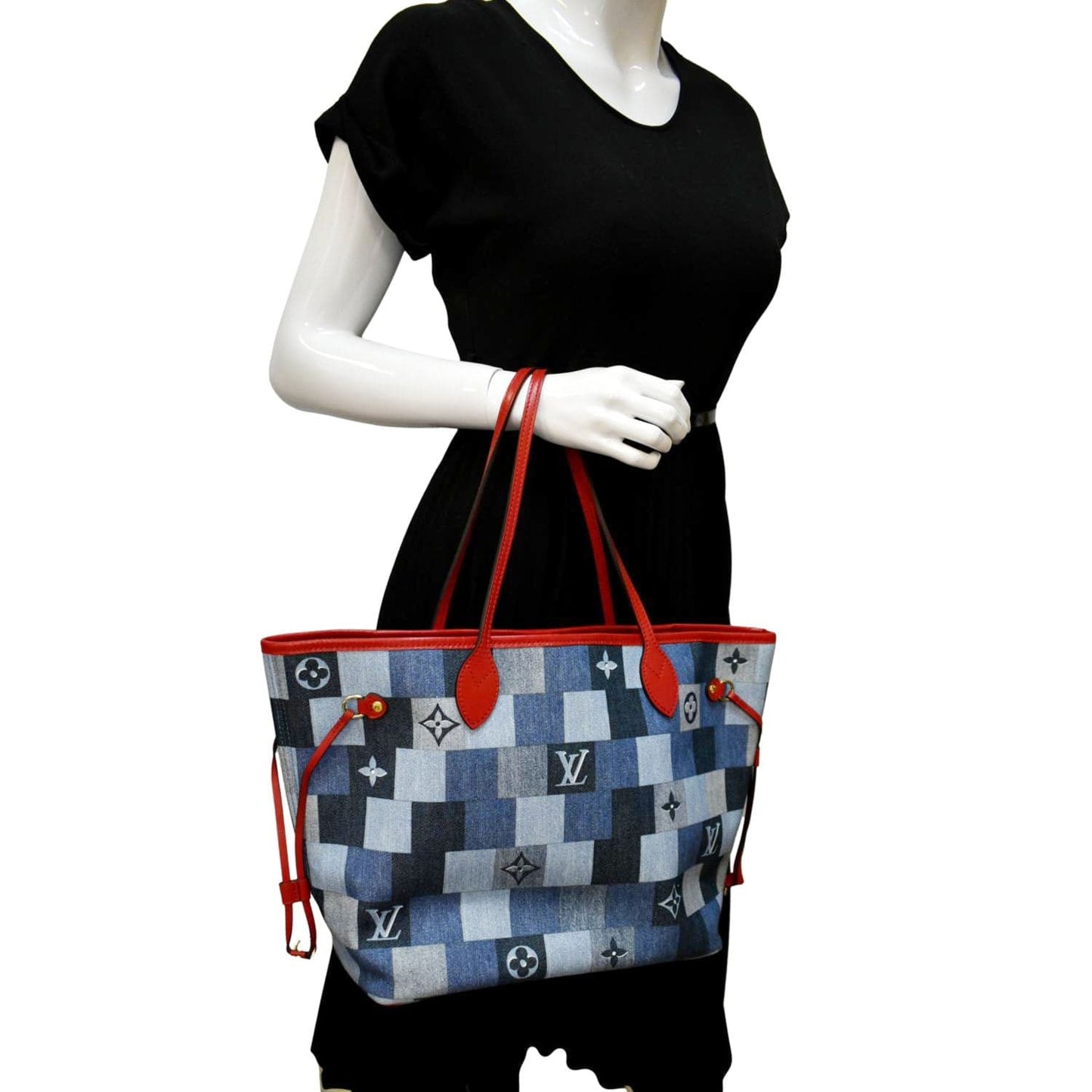 LOUIS VUITTON Neverfull MM Patchwork Monogram Denim Shoulder Bag Blue