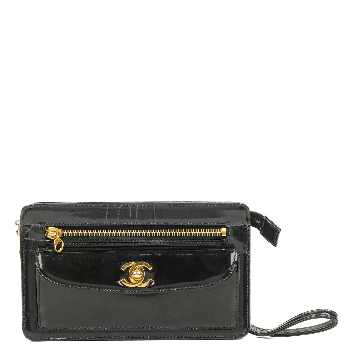 Chanel CC Black Patent Leather Wristlet Bag 24K Gold Hardware