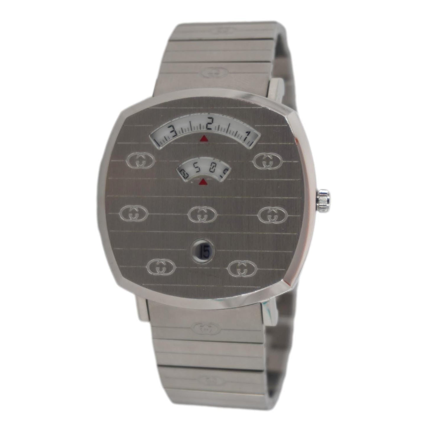 GUCCI Grip 1573 GG Engraved Quartz Silver Dial Stainless Steel Watch 35MM