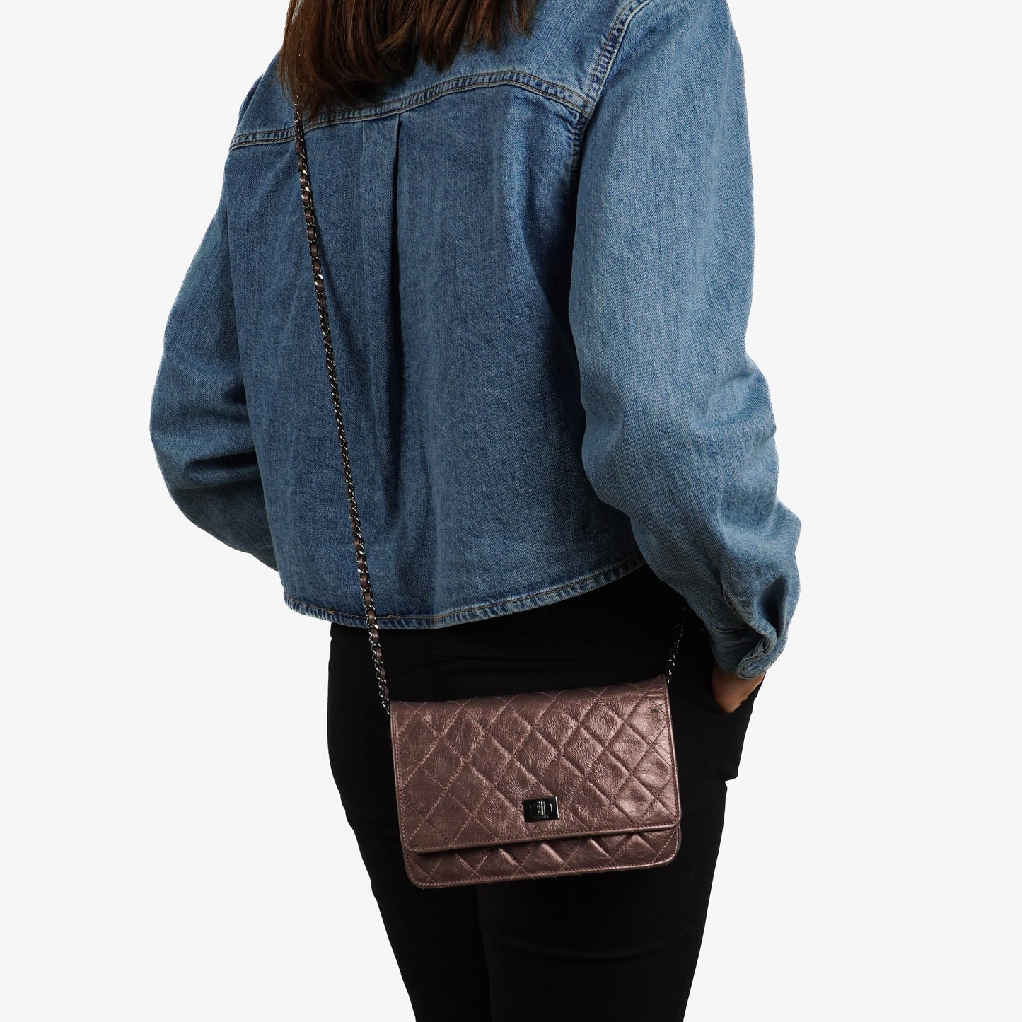Chanel 2.55 Reissue Wallet on Chain WOC in Purple Quilted Aged Metallic Calfskin