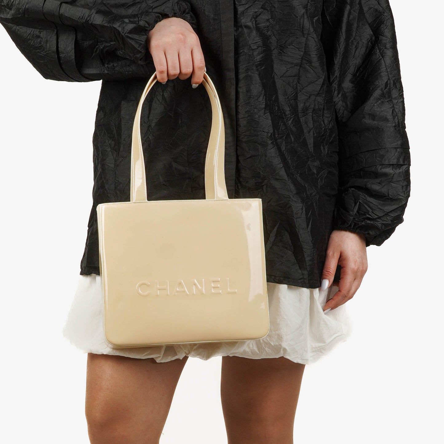 Chanel  Beige Patent Leather CC Tote Shoulder Bag