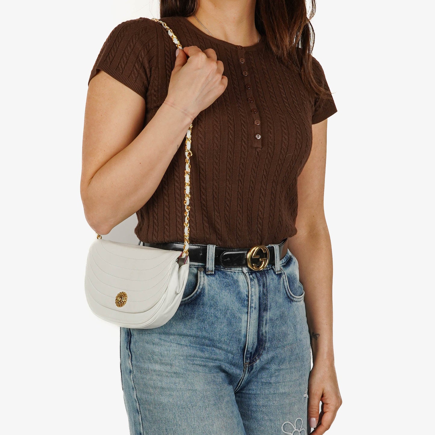 Chanel Classic Lambskin Half Moon White Flap Bag
